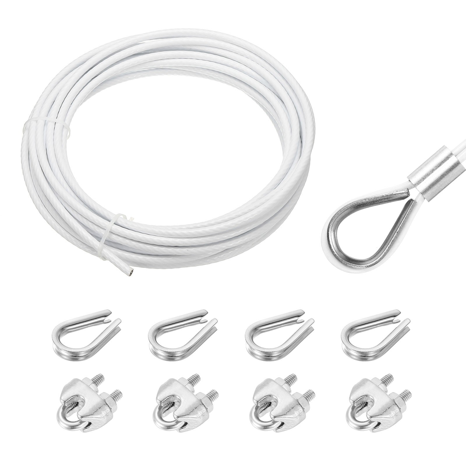 33Ft(10M) Wire Rope Stainless Steel Cable 1/4″ 4pcs Screw Chuck & Thimble White