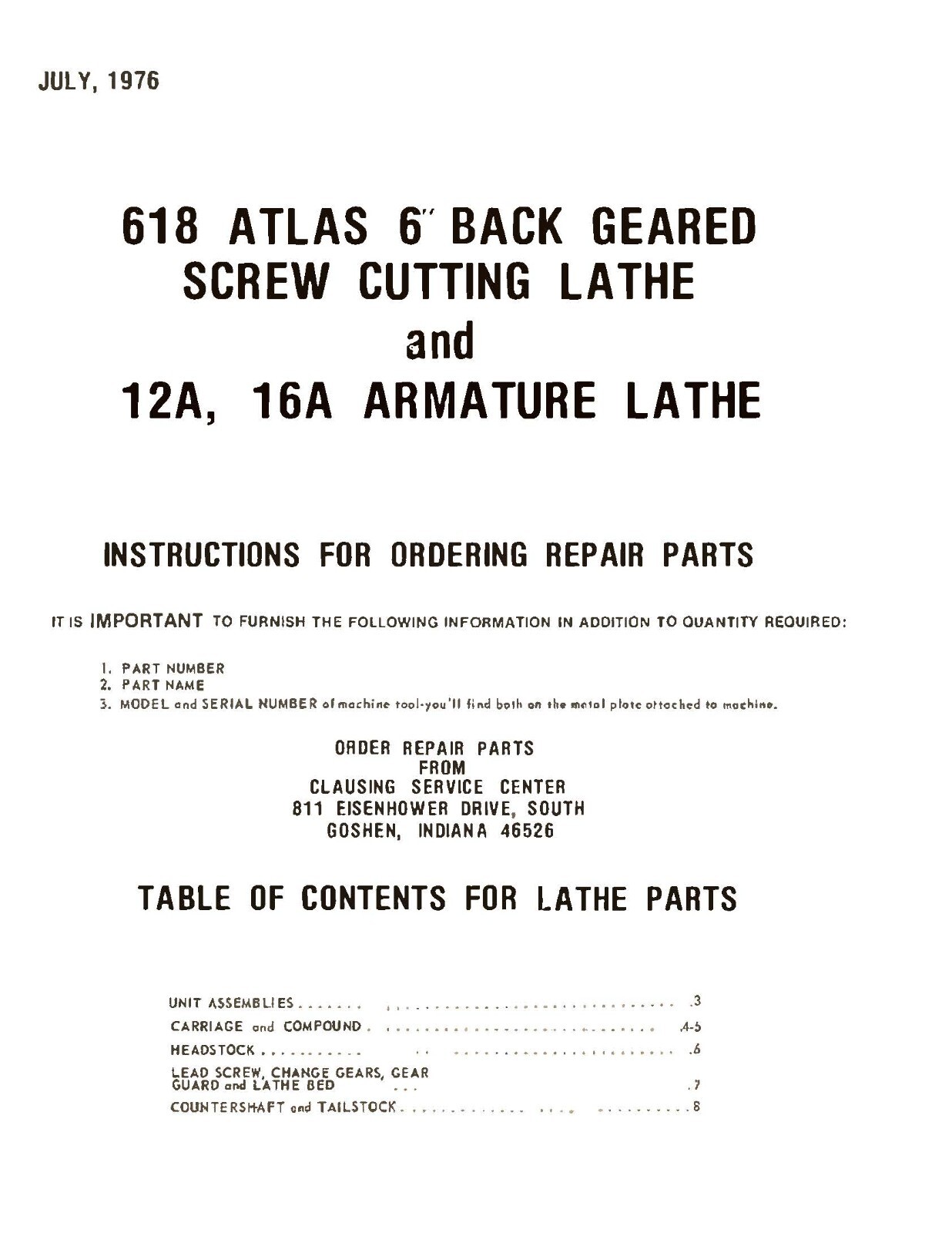 618 Back Geared Screw Cutting Lathe Operator & Parts Manual Fits Atlas 6 inc