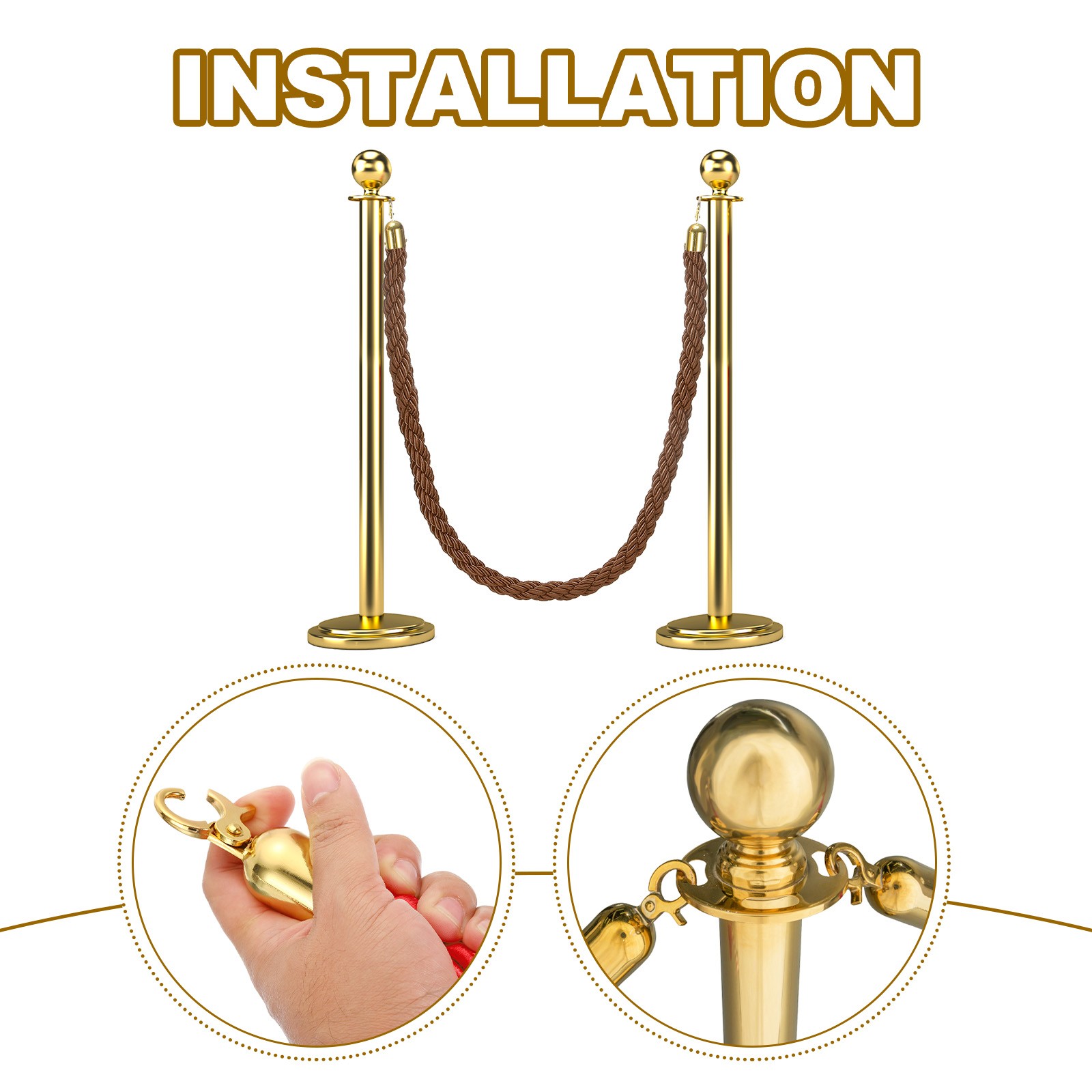 6.6 Ft/2 m Twisted Stanchion Rope Barrier Rope with Hooks Coffee Golden