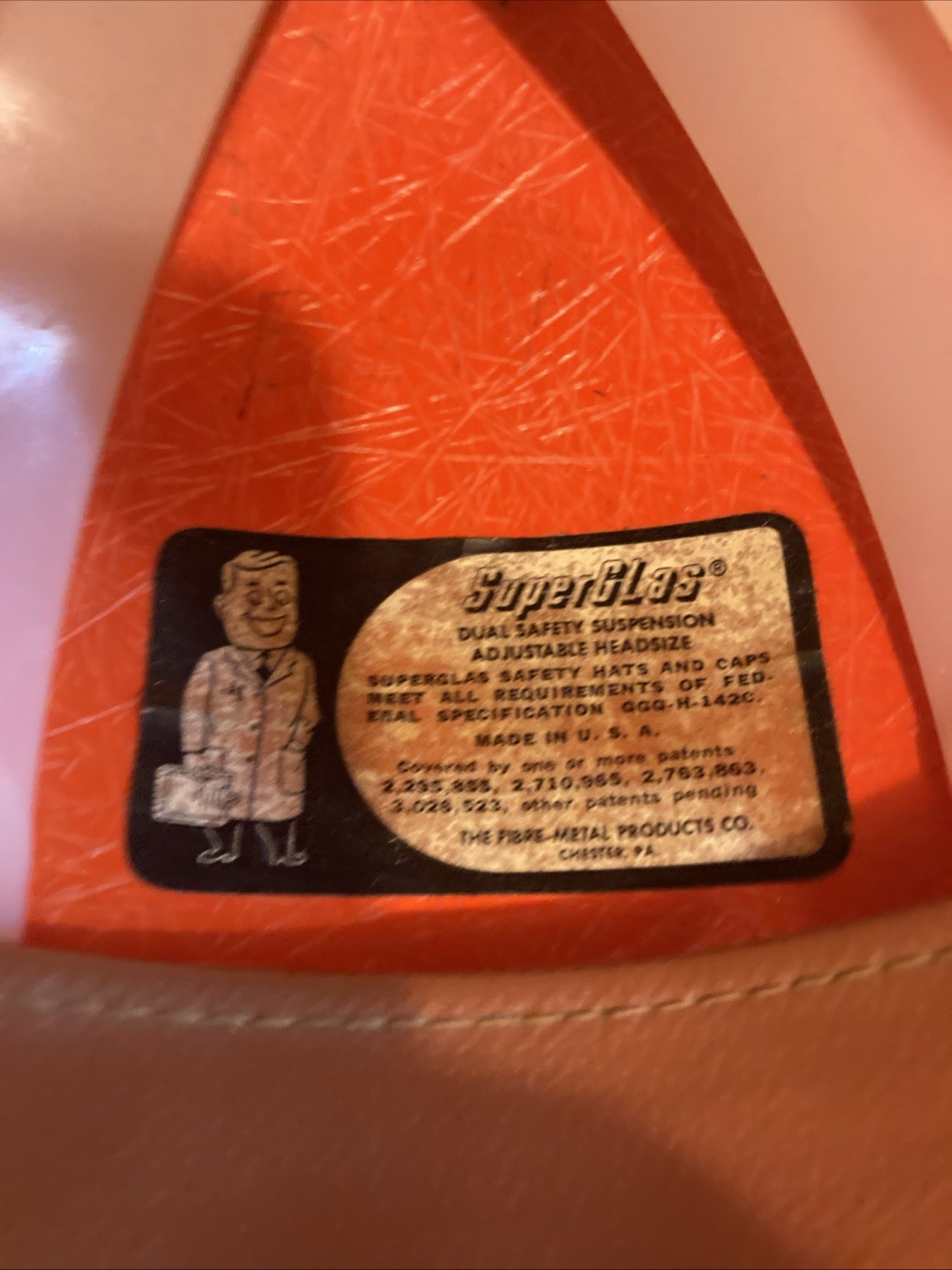 Fibre Metal Fiberglass Hard Hat Helmet Orange Vintage Used