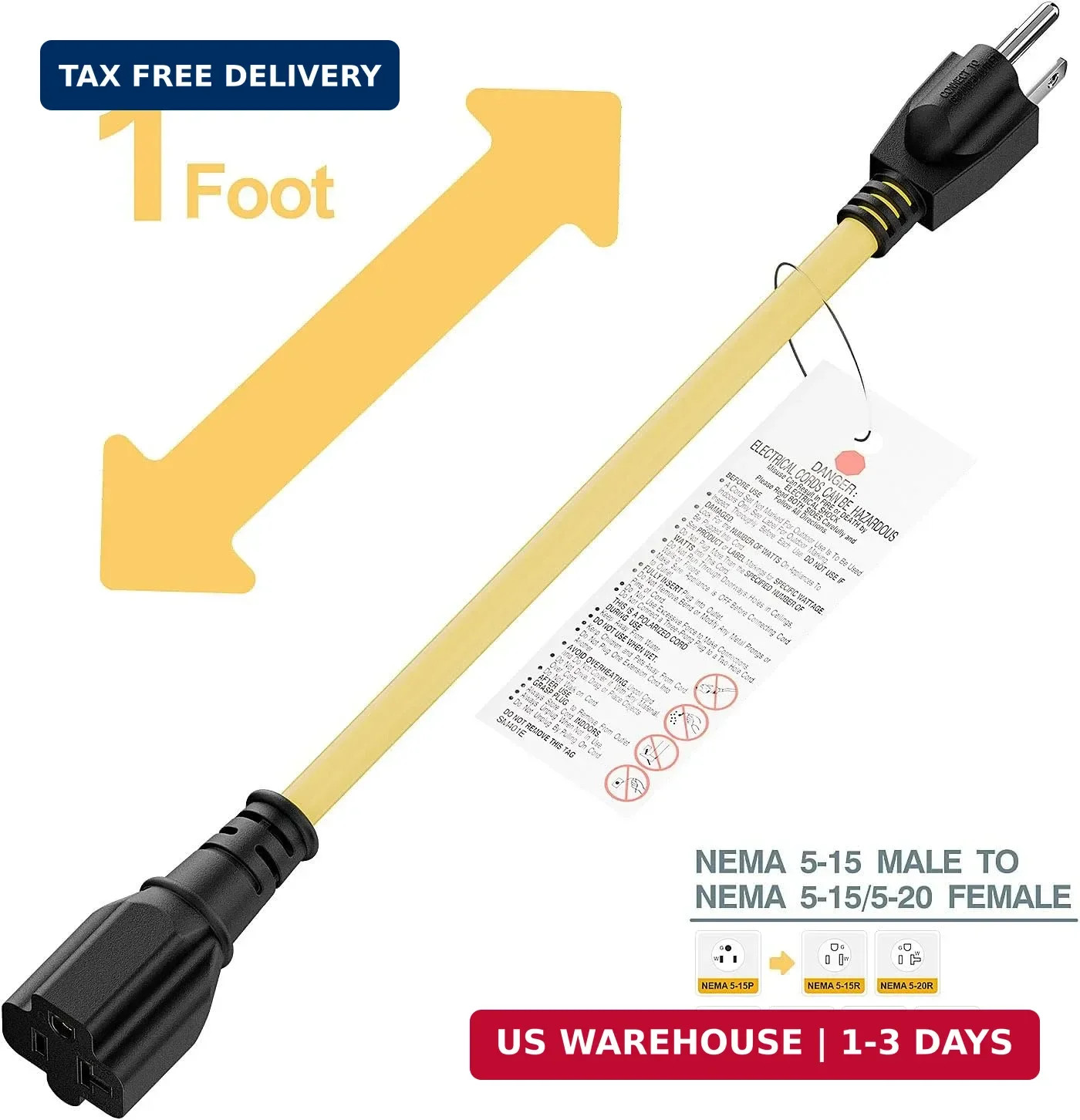 1-Foot 15 Amp Household AC Plug to 20 Amp T Blade Adapter Cable， Nema 5-15P to 5