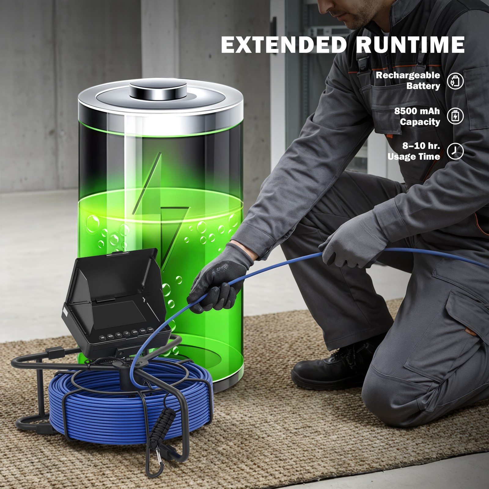 4.3 in. Sewer Camera w 98ft/30m Cable Length Marker 32GB Camera 8500mAh IP68