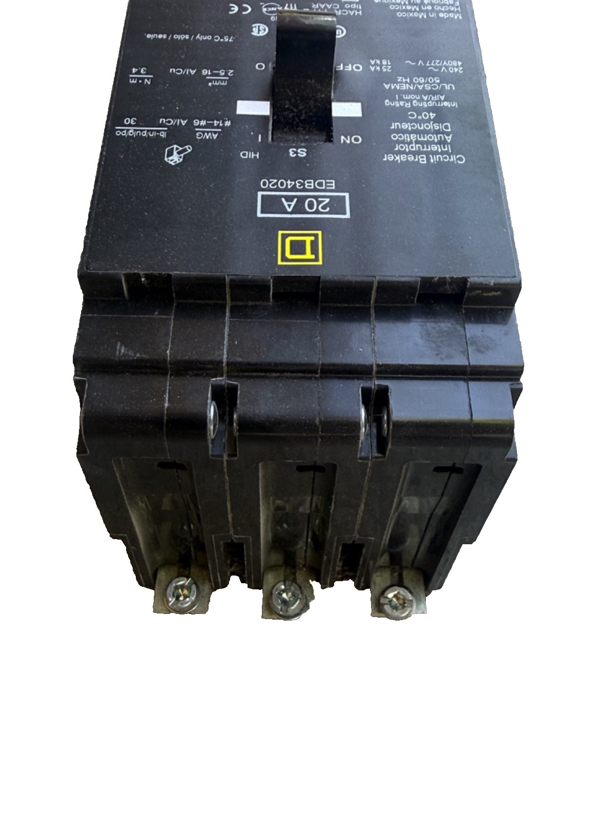 Square D EDB34020 3p 480v 20a 18k NF Bolt In Circuit Breaker NICE USED