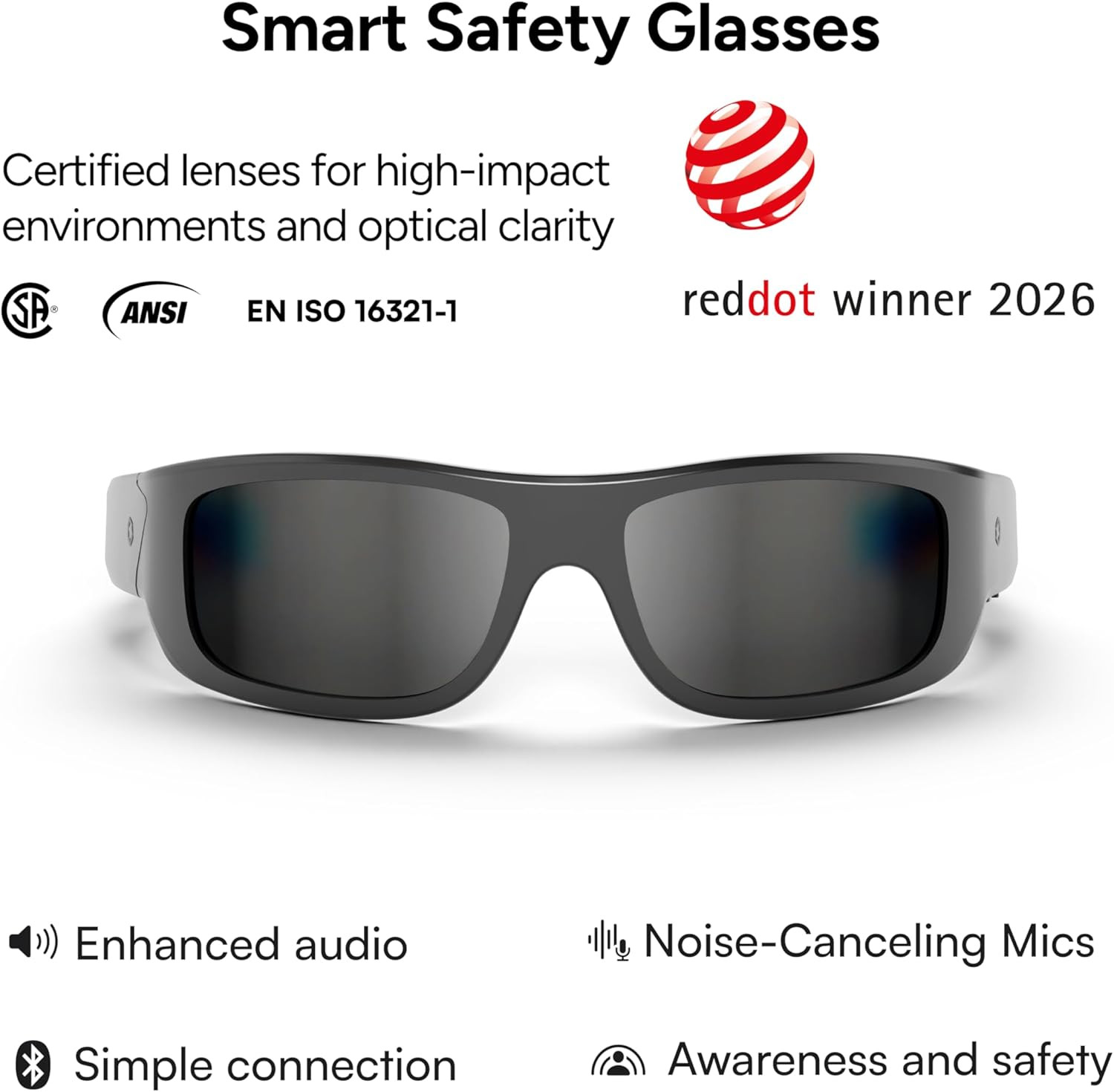 Armor Smart Safety Glasses, TR90 Frame, Light Adaptive Lenses, Open Ear Speakers