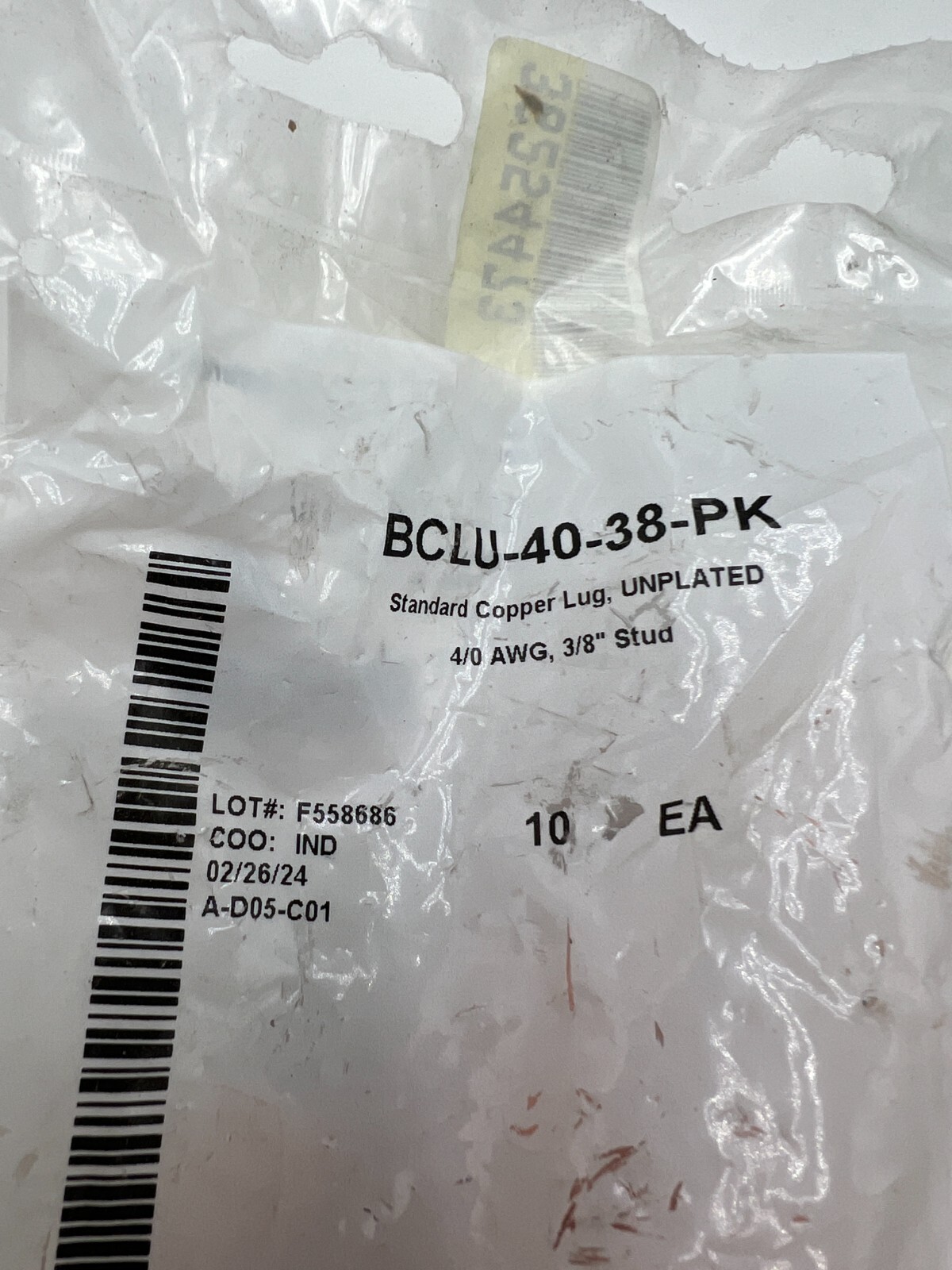BAG OF 10 BCLU-40-38-PK Standard Copper Lug Unplated 4/0 AWG 3/8″ Stud