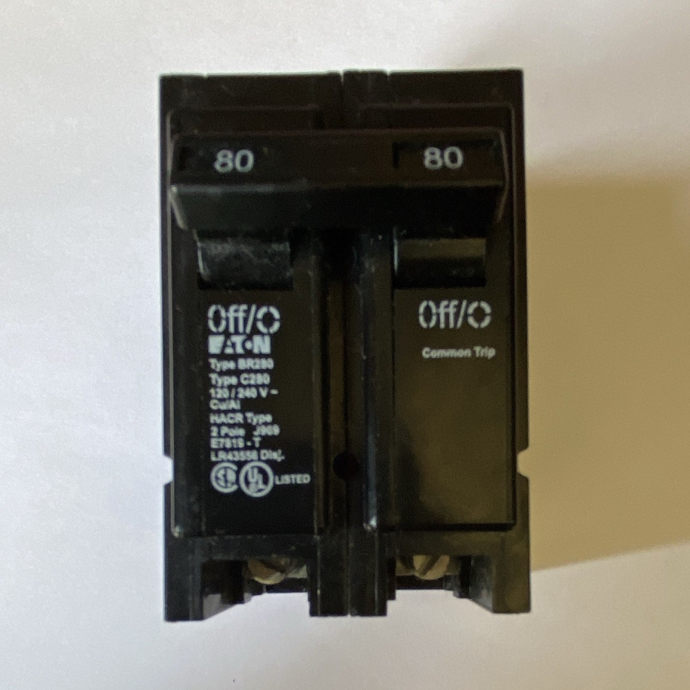 Eaton BR280 80A 2-Pole 120-240V Plug-In Circuit Breaker, Common Trip