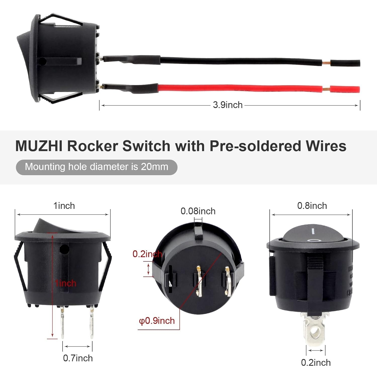Round Mini Rocker Switch 6-Pack 12V DC ON Off Pre-Wired for Boat Car 6A 250V AC