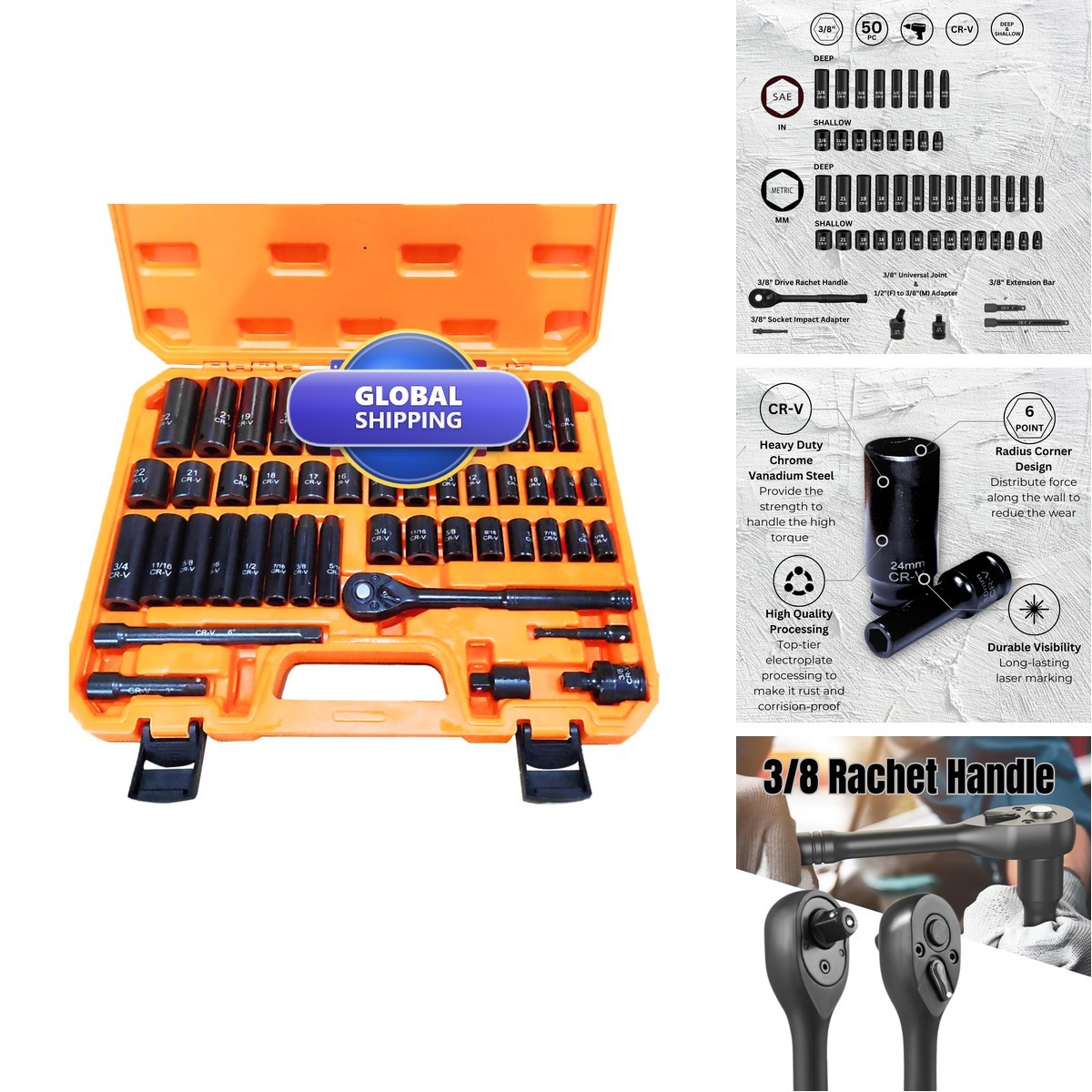 Noviitus 3/8″ Drive Impact Socket Set, 50-Piece Standard SAE (5/16 3/4 Inch)