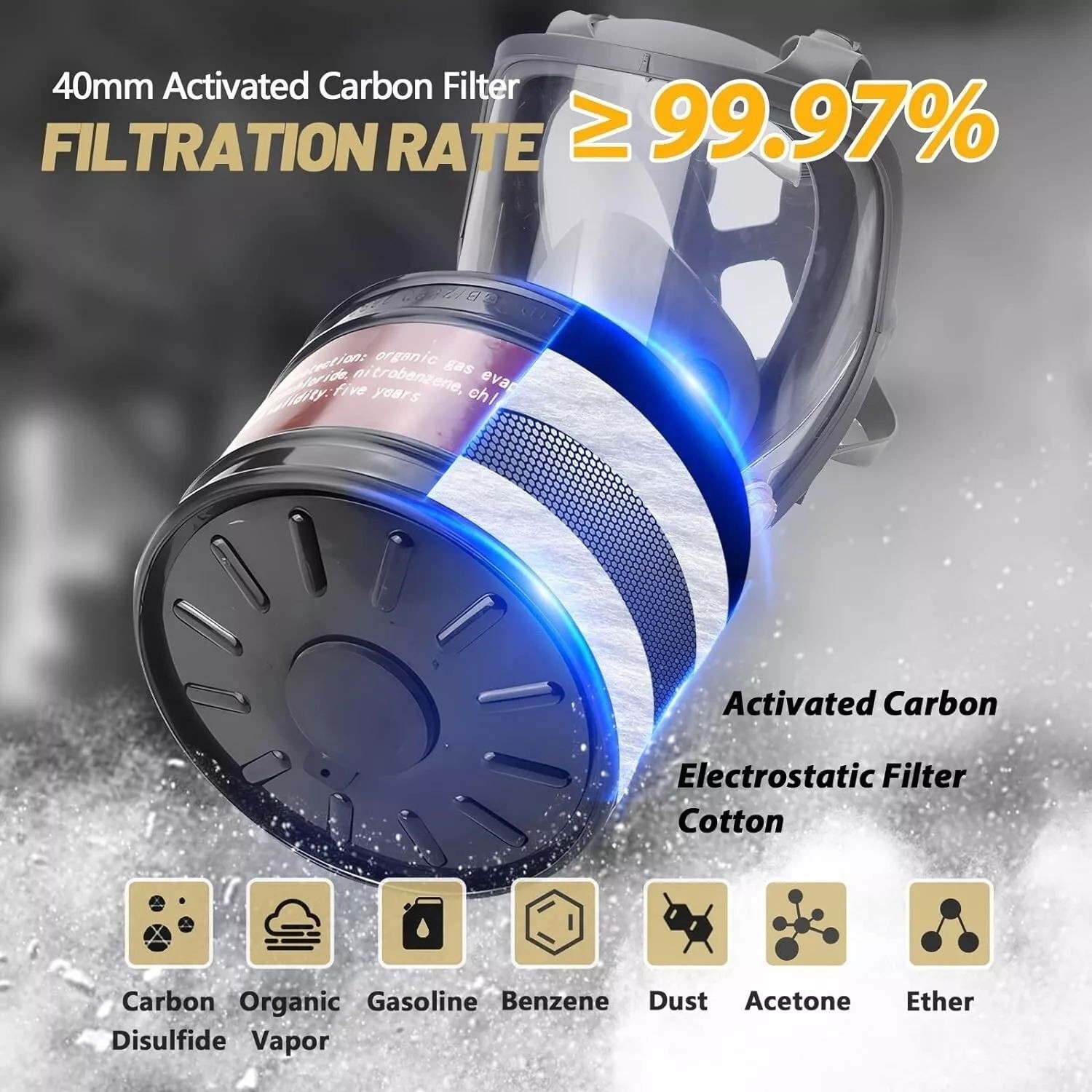 Full Face Respirator Gas Mask w/ Filters -2PCS 40mm Activated Carbon Filter 6800