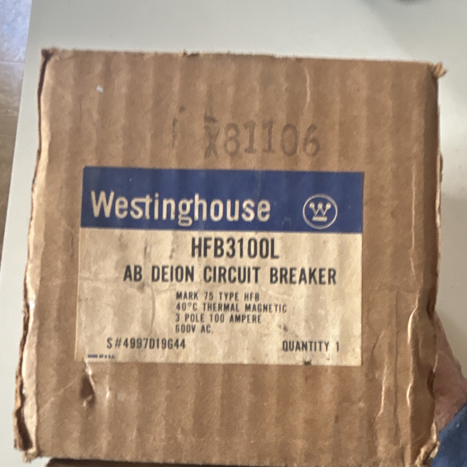 Westinghouse HFB3100L 100A 3 Pole Circuit Breaker 600V AC Thermal Magnetic