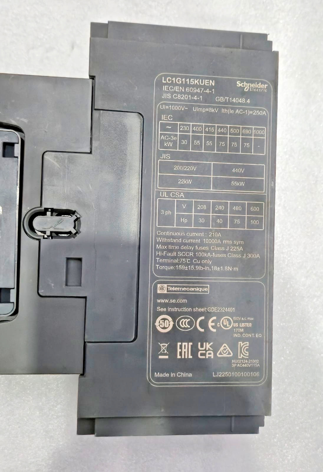SCHNEIDER ELECTRIC TESYS LC1G115KUEN LC1G115 3 POLE CONTACTOR 100-250V AC/DC