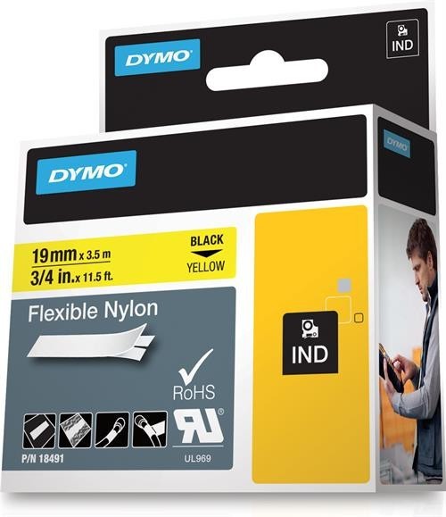 Dymo Rhino 18491 Yellow Flexible Nylon Tape 3/4″ Black Text on Yellow 11.5 Feet