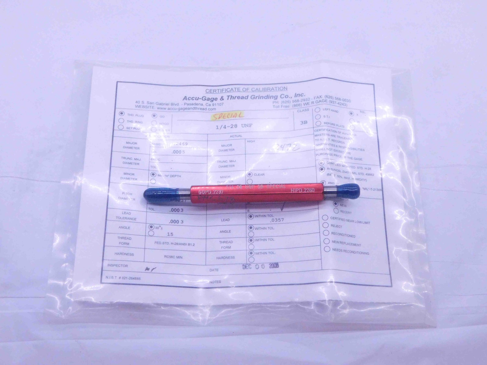 1/4 28 UNF 3B SPECIAL THREAD PLUG GAGE .25 .250 GO NO GO P.D.’S = .2237 & .2260