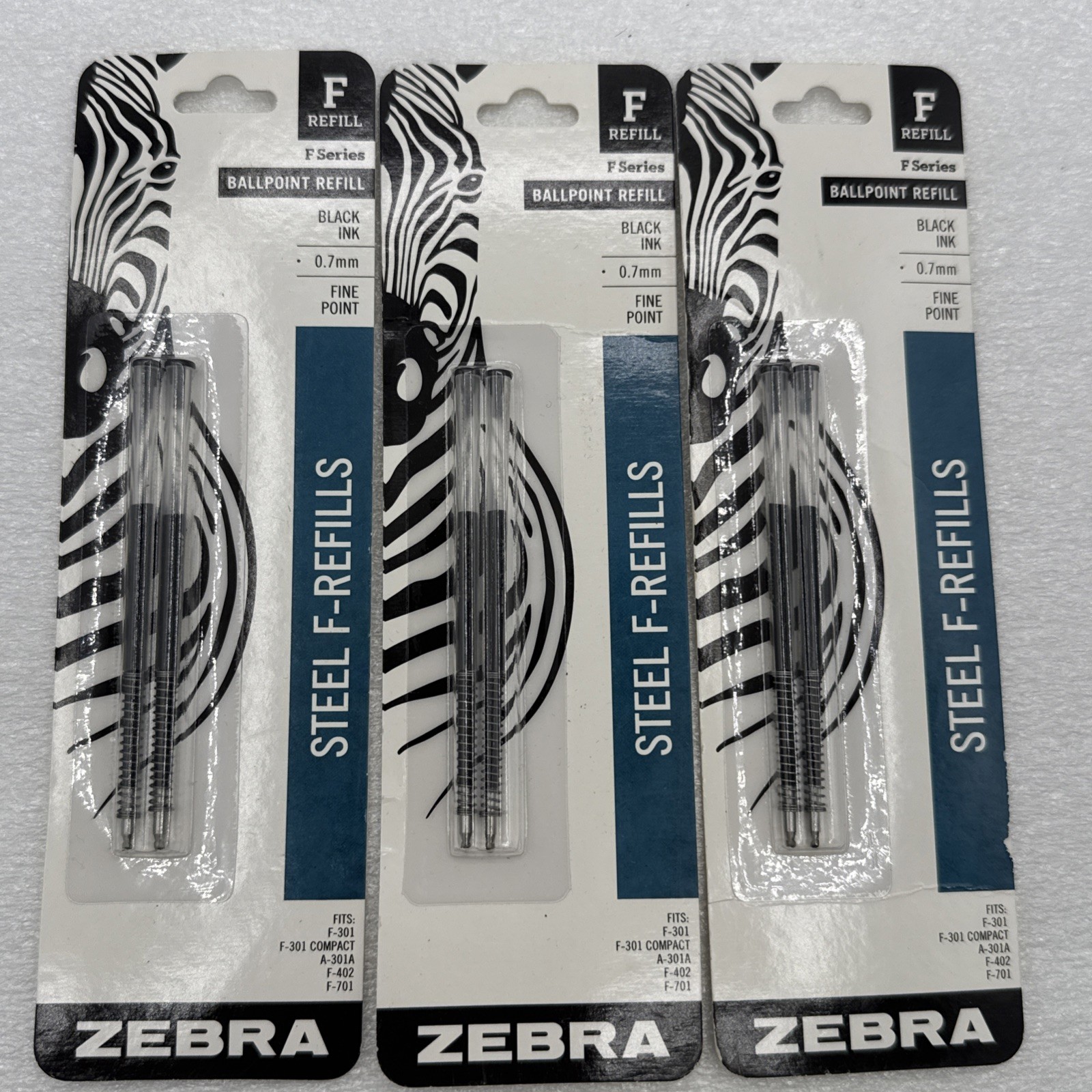 Lot 3 Packs (6 Total) Zebra Steel F-Refills Ballpoint Pens Black Ink .7mm FINE