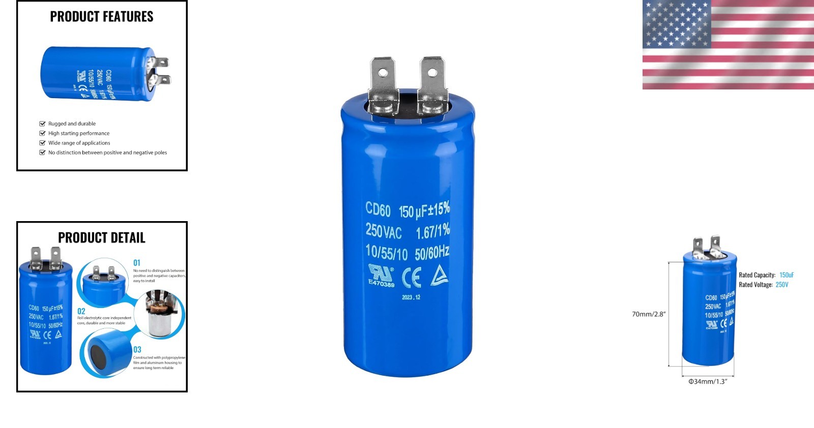 125VAC/250VAC 150uF CD60 Capacitor – Compact & Efficient Electric Motor Starter