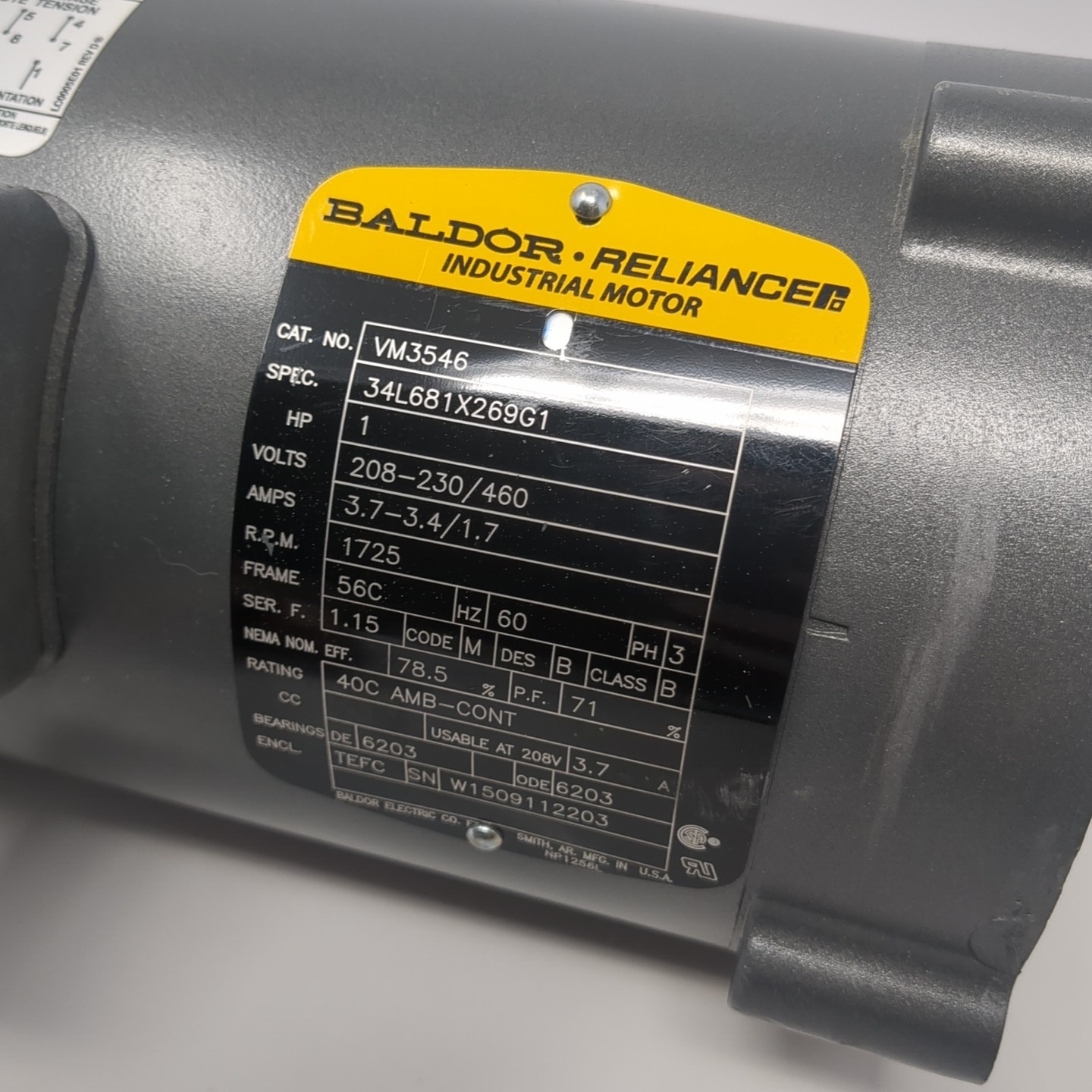 Baldor VM3546 Ac Motor 208-230/460V-AC 1725RPM 1HP 3PH 56C Industrial Motor