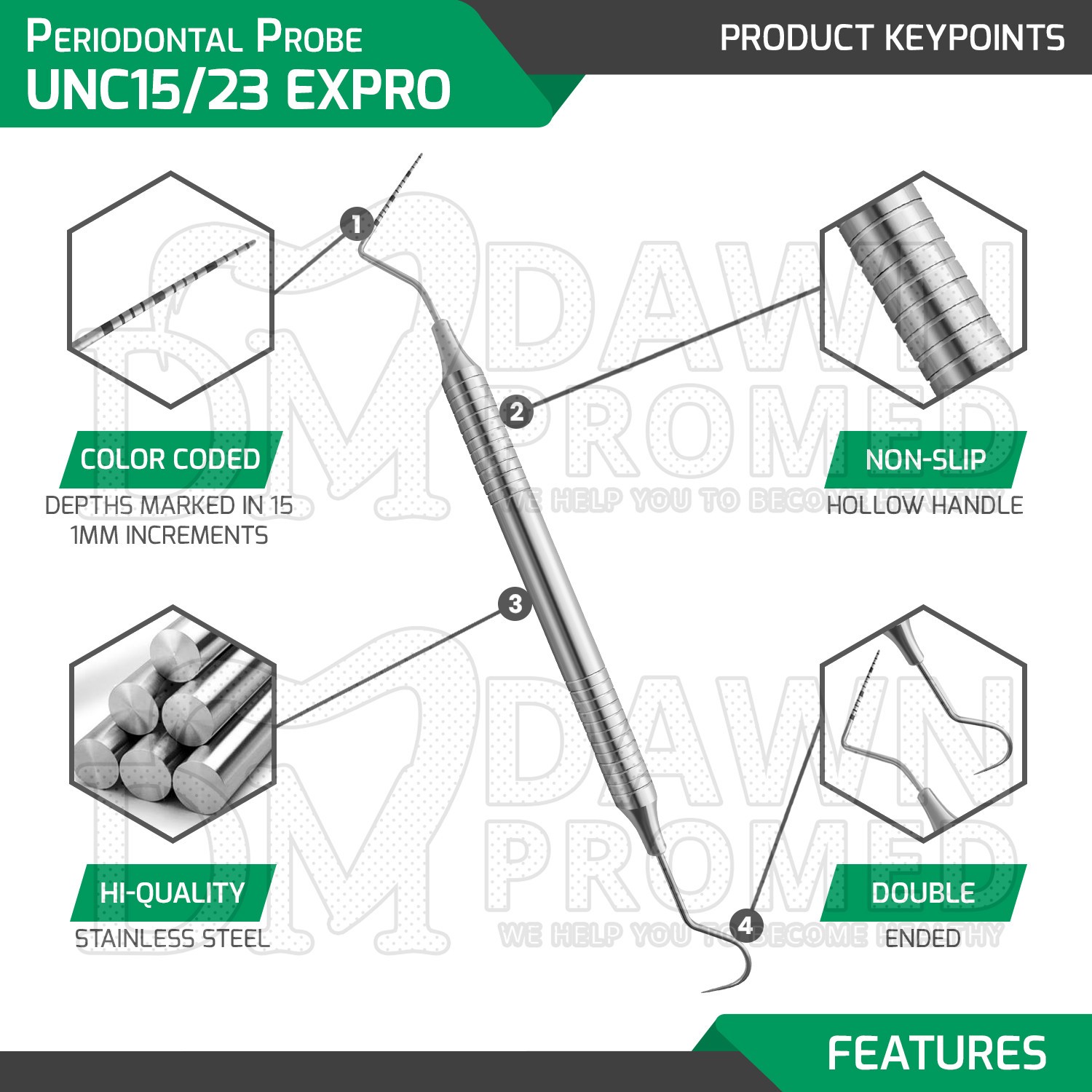 3 Pcs Periodontal Probe UNC15/23 Expro Double End Color Coded Hollow Handle Set