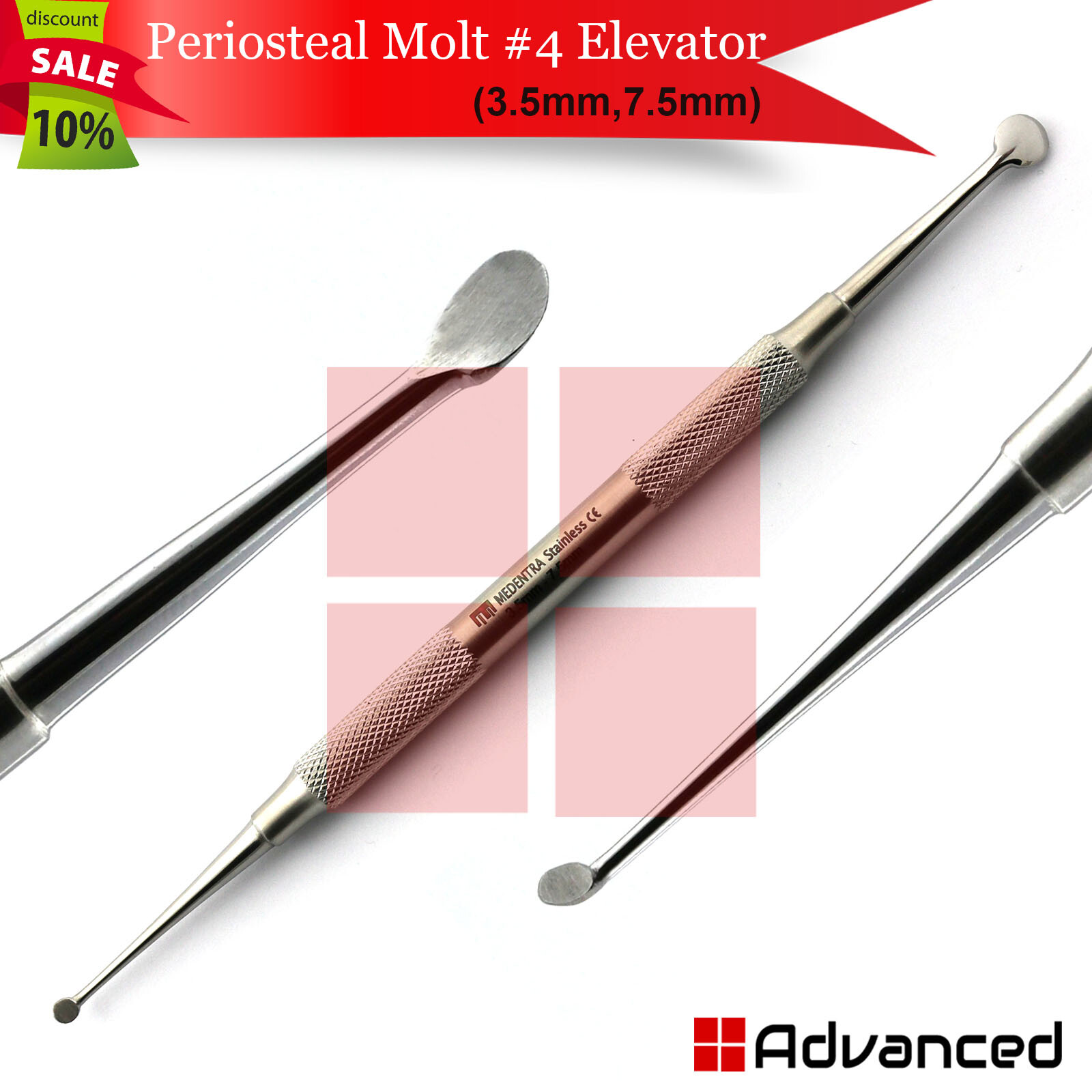 Dental Periosteal Molt #4 Elevator 3.5mm, 7.5mm Implant Curettage Cyst Removal