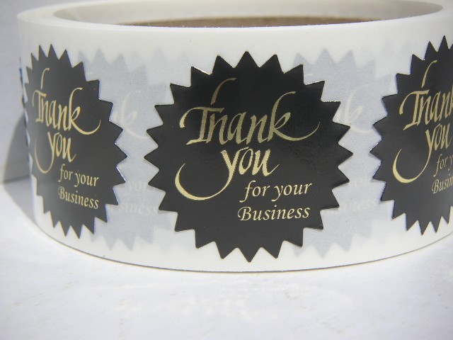 Thank You For Your Business Label 1 1/2″ Starburst Gold letter black bkg 250/rl
