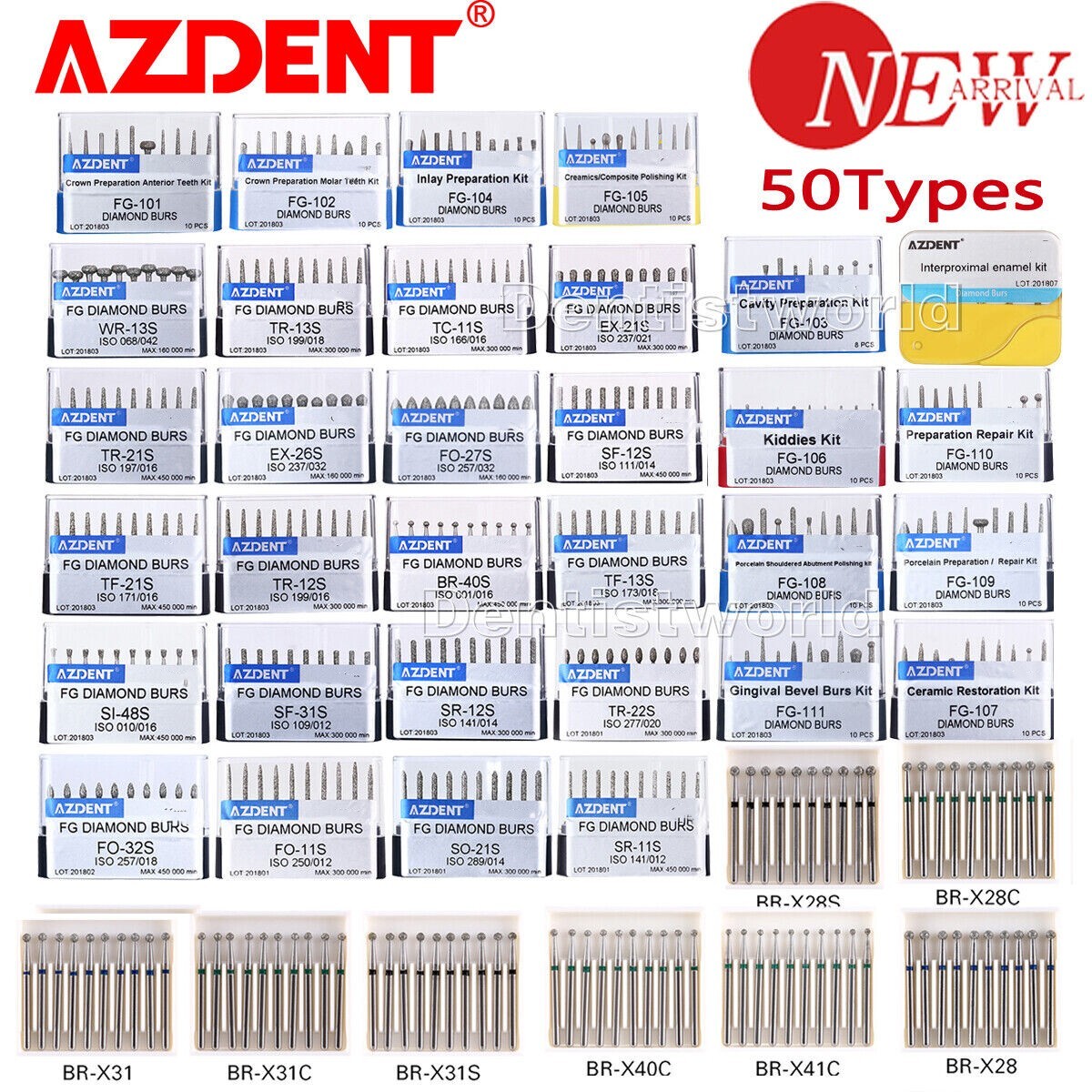 50Types Dental Surgical FG Diamond Burs Kit Fit High Speed Handpiece AZDENT