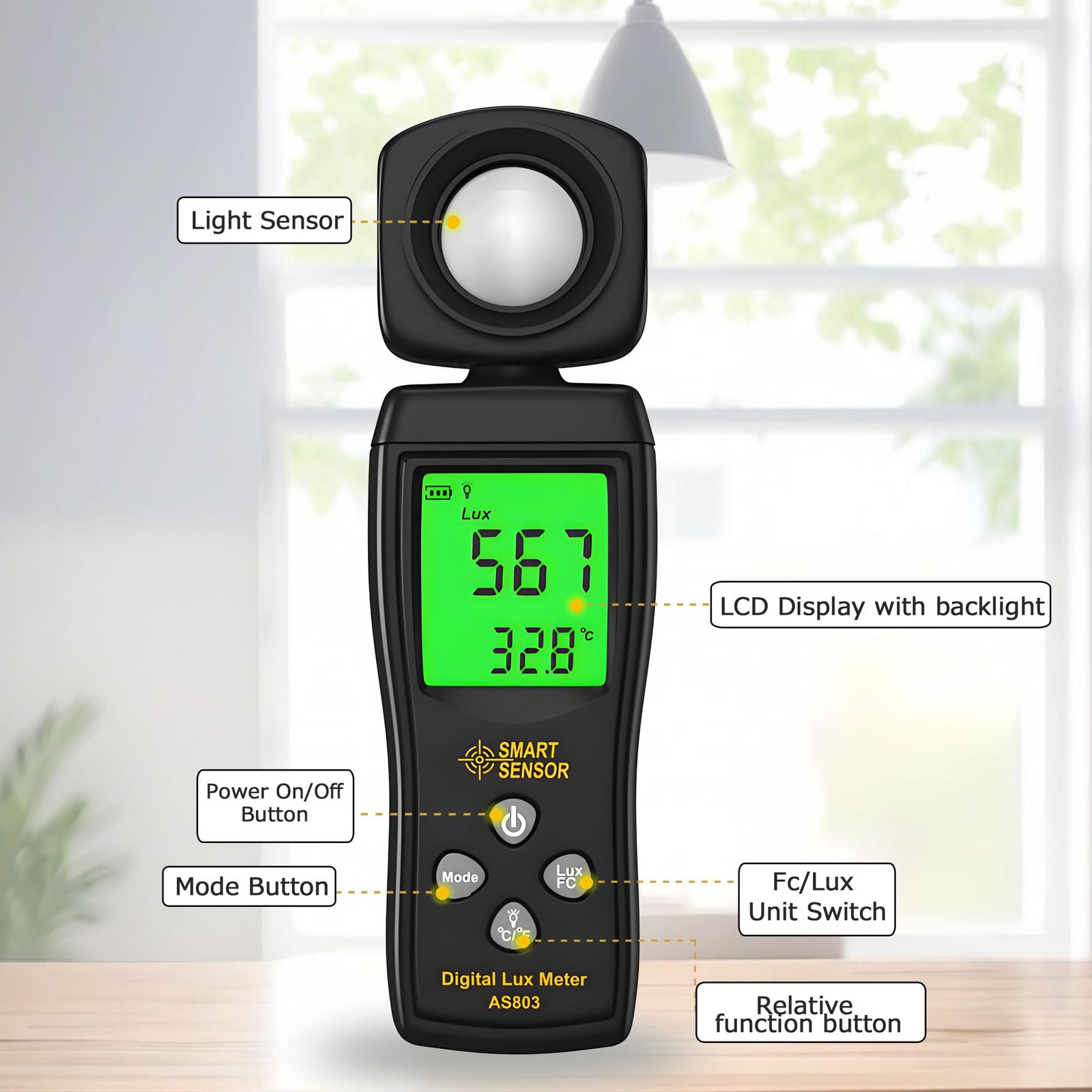 Digital Light Meter Backlit LCD Display Lux/Foot Candles Meter with 180º Rota…