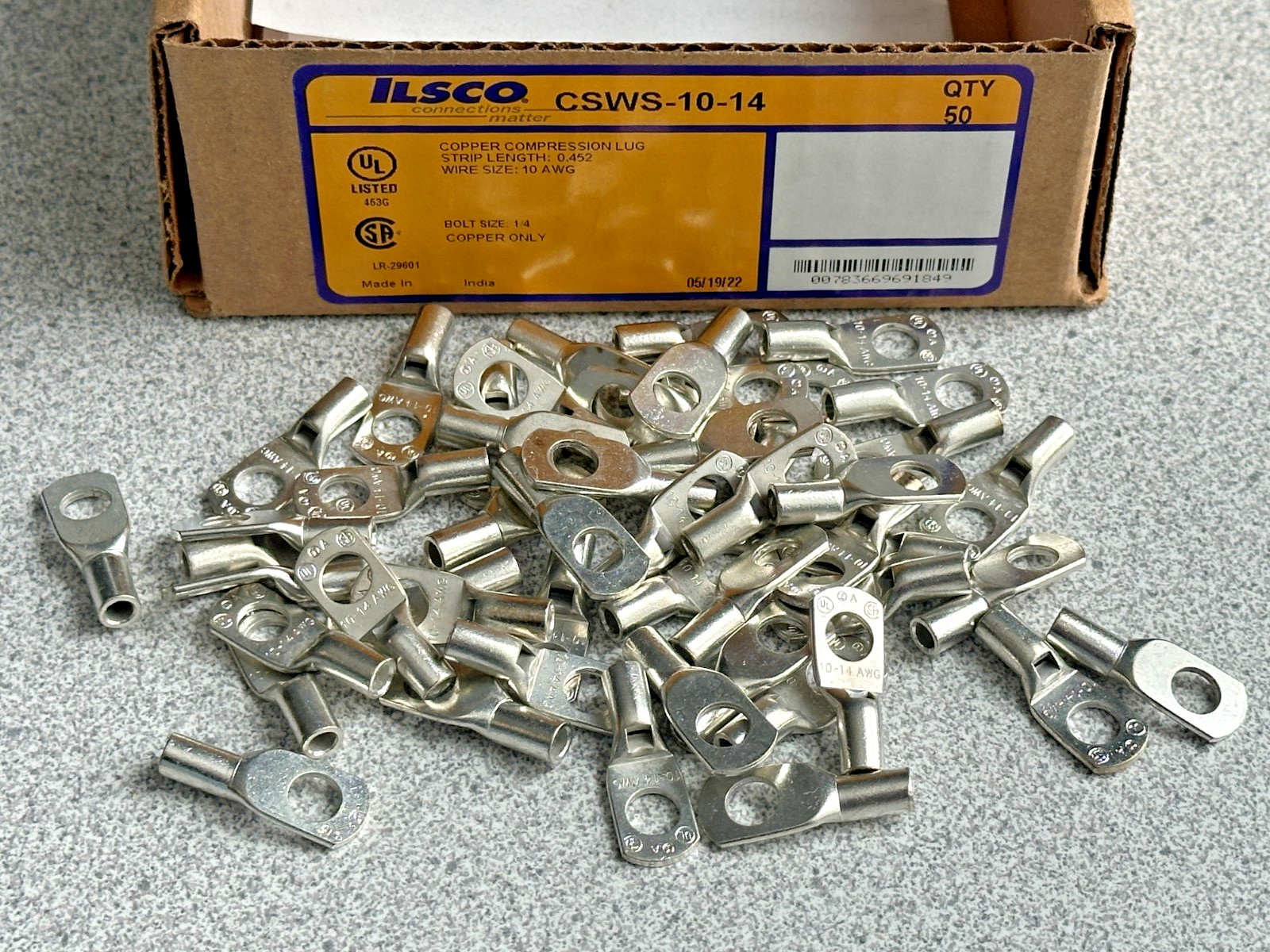 NEW Box of 50 Ilsco CSWS-10-14 Compression Lugs 1-Hole Copper 10 AWG, 1/4″ Stud