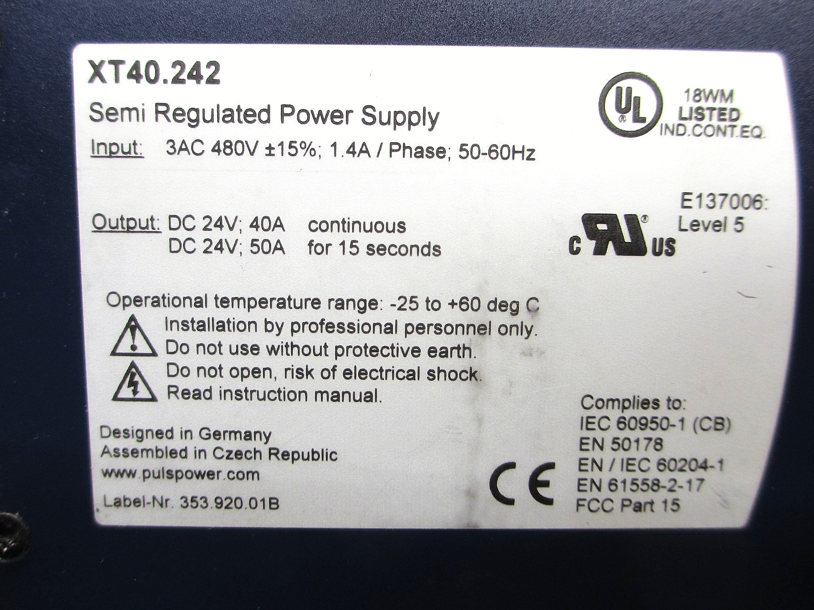 PULS Dimension XT40.242 *NEW* Power Supply Semi-Regulated