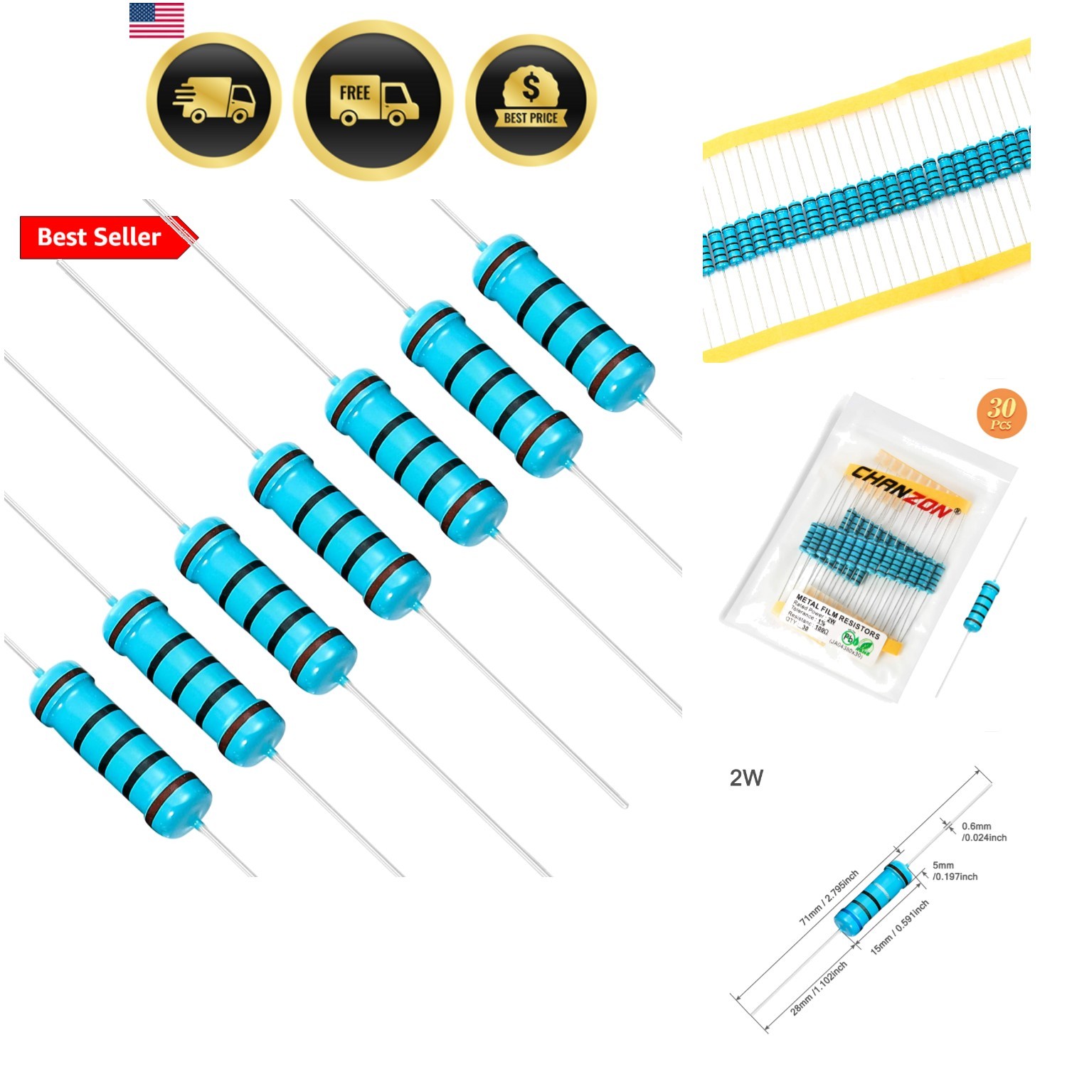 30pcs 2W 100 Ω ohm Metal Film Fixed Resistor 0.01 ±1% Tolerance 100R MF Throu…