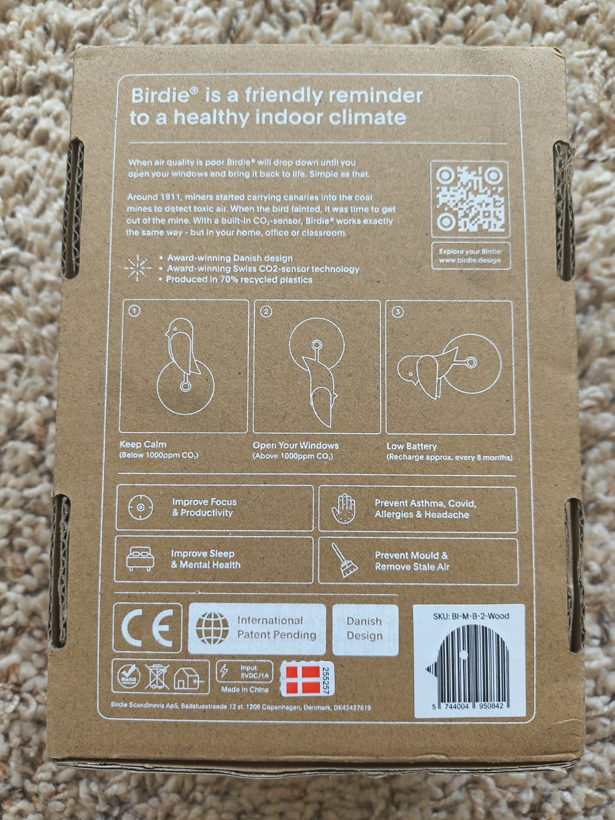 Birdie 2.0 Design Indoor CO2 Monitor Wood Denmark Designed House Burping NEW!