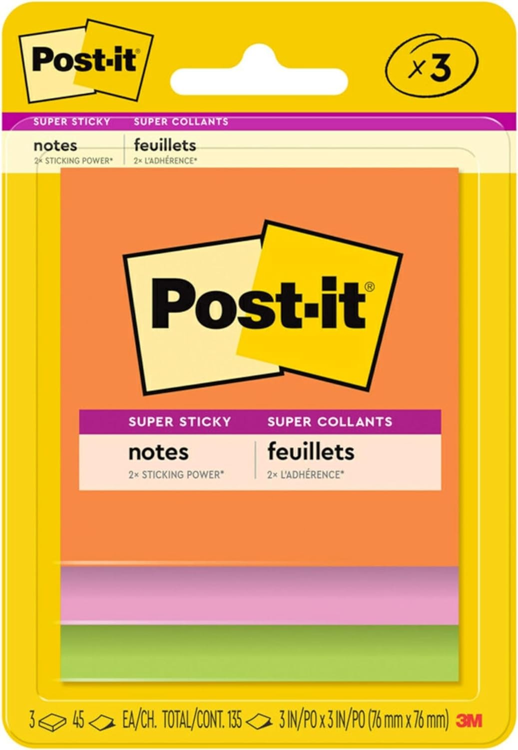 Post-it Super Sticky Notes, 3 Sticky Note Pads, 3 x 3 in., School Supplies for S