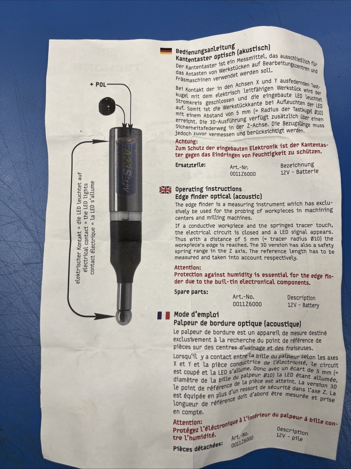 Tschorn Edge Finder Optical Acoustic CNC Measurement Probe 25mm Shank Germany