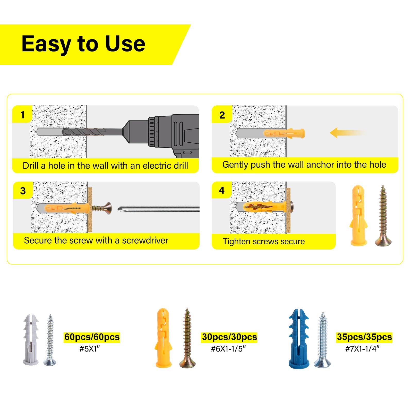 140PCS Drywall Anchors & Screws Kit – 3 Sizes Plastic Wall Anchors Assortment