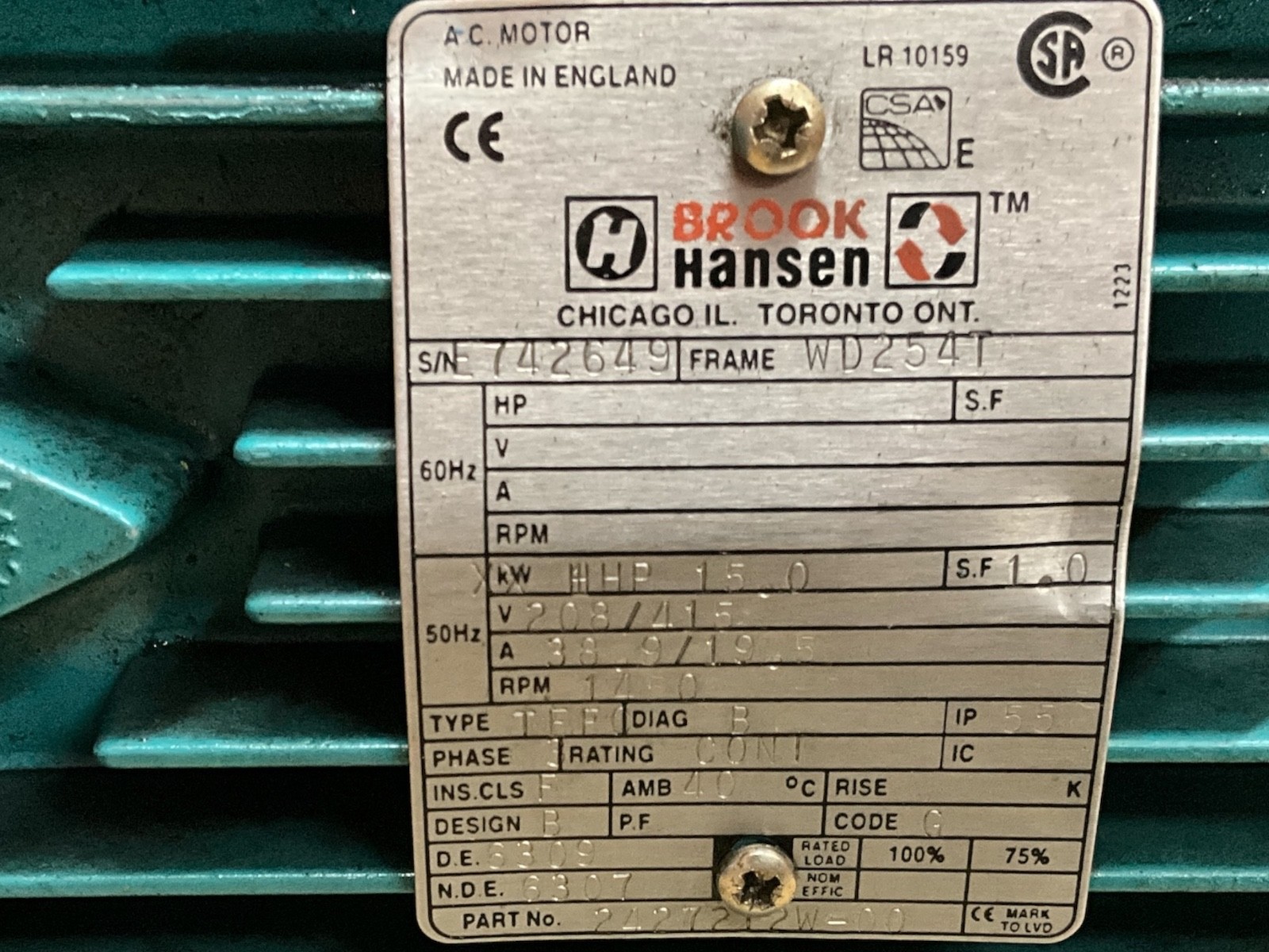 BROOK HANSEN 2427212W-00 AC MOTOR W-D254T FRAME 15HP 208/415V 38.9/19.5A