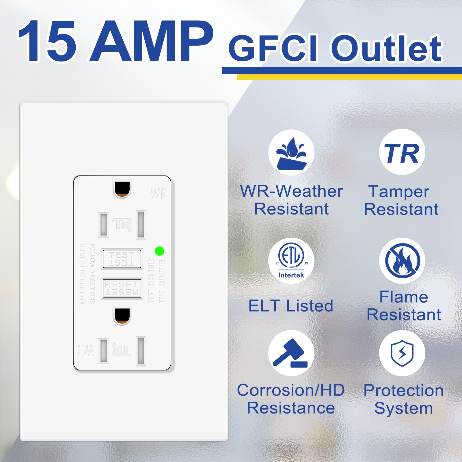 15AMP GFCI Outlet Receptacle Tamper Resistant – ETL Listed, White GFI TR WR GFCI