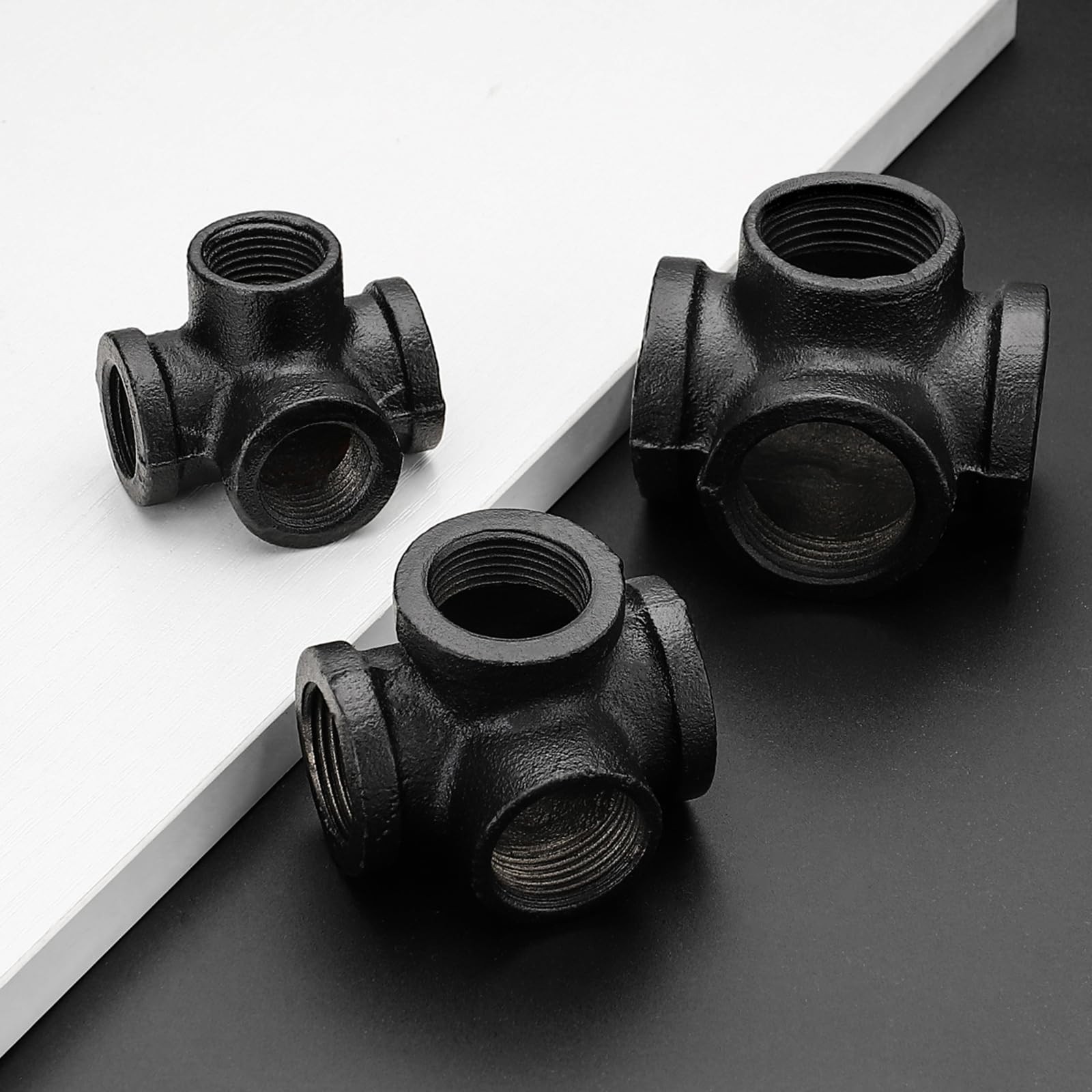 1″ Black Pipe Fittings 4-Way Side Outlet Tee – 4 Pack Malleable Cast Iron Thr…