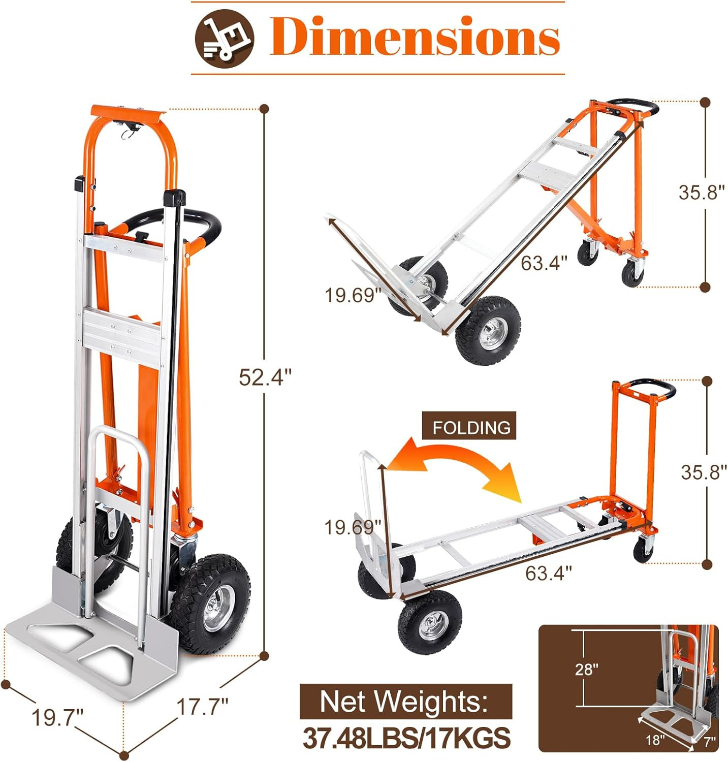 EASYBERG 4-In-1 Heavy Duty Folding Hand Truck – 770 Lbs Capacity, 10″ Wheels