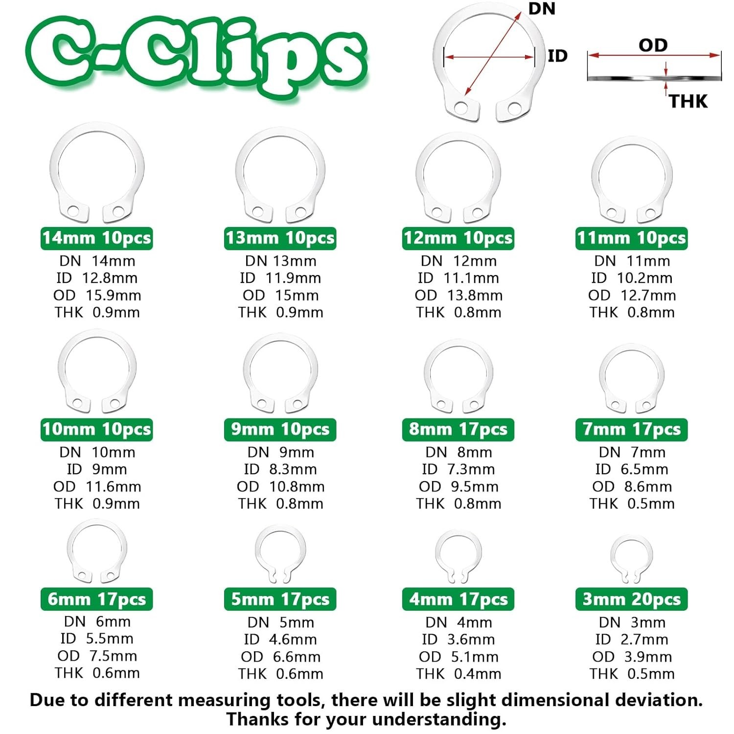 330PCS 24-Sizes Round Wire E-Clips & C-Clips Internal Snap Rings Assortment K…