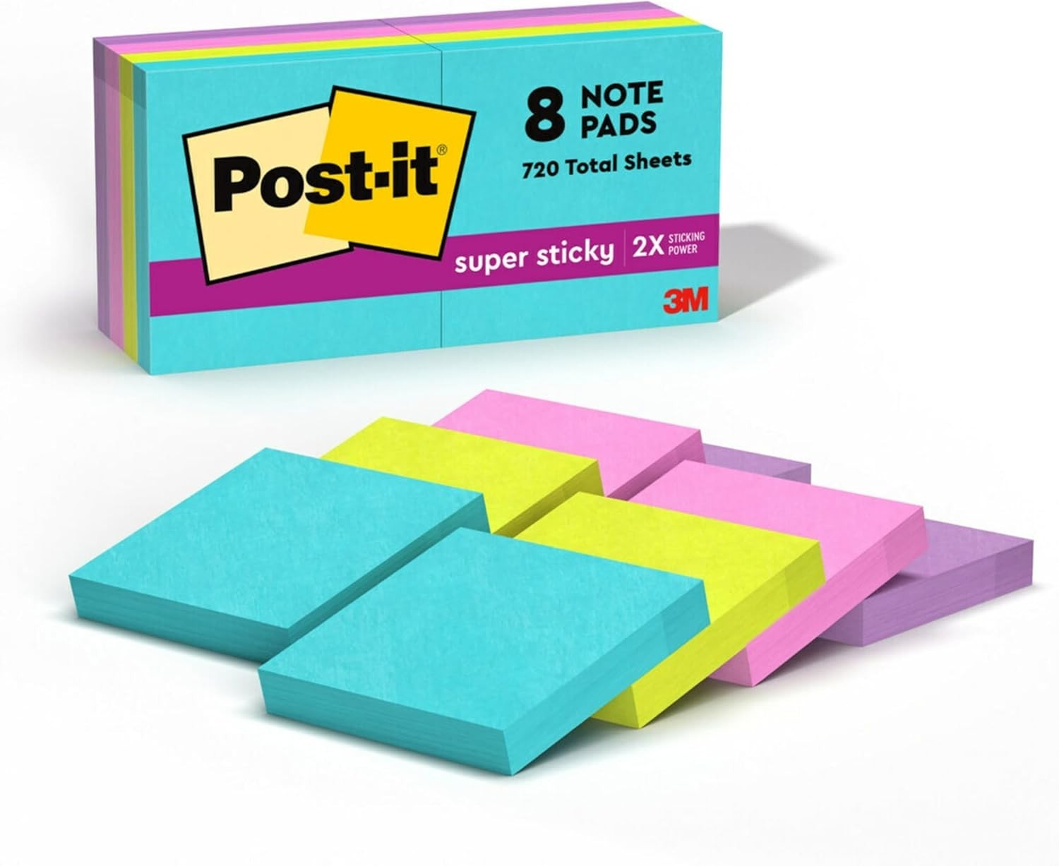 Super Sticky Notes, 8 Sticky Note Pads, 1.875 x 1.875 in., School Supplies, Offi