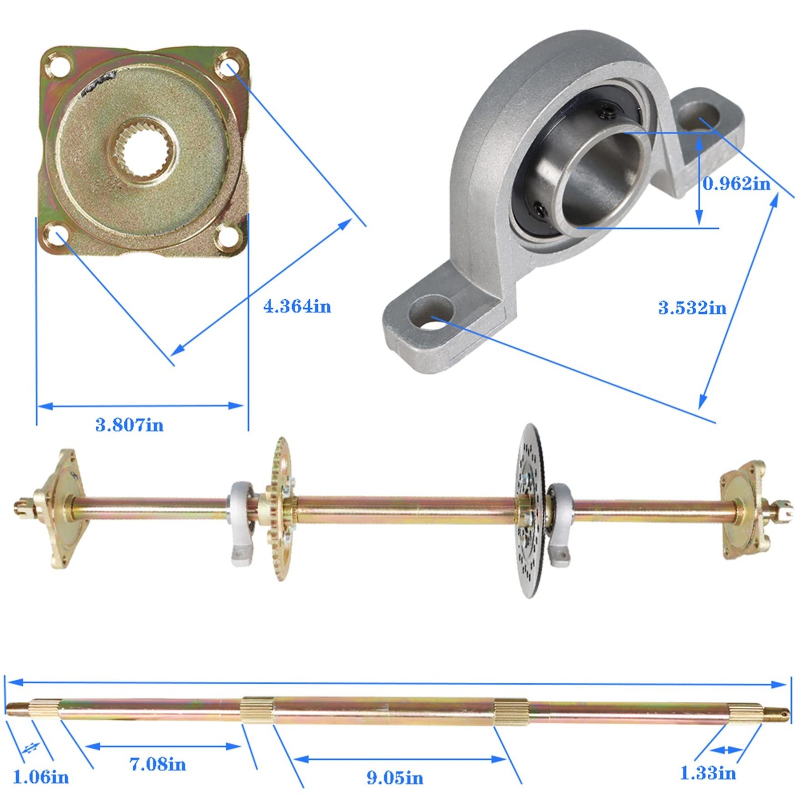 waltyotur 32 Go Kart ATV Rear Axle Assembly Kit Shaft & Hub & Chain & Brake M…