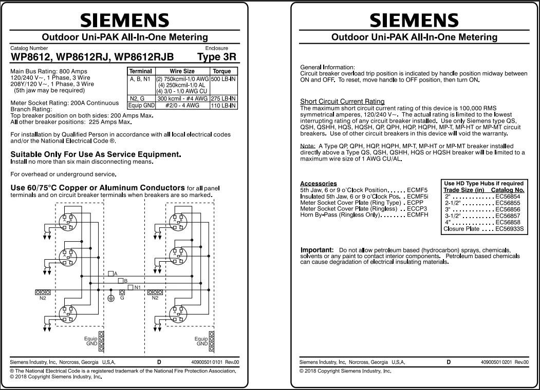 Siemens WP8612RJB 6-Gang 800A 225 Amp Sockets Ringless Horn Bypass UNI-PAK Meter