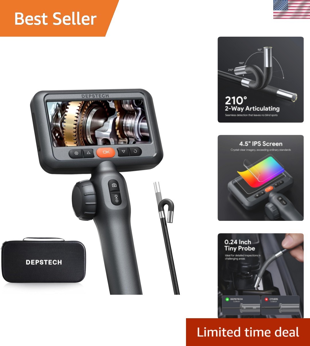 210° Articulating Borescope with 0.24in Ultra-Slim Camera – 5ft Pipe Inspection