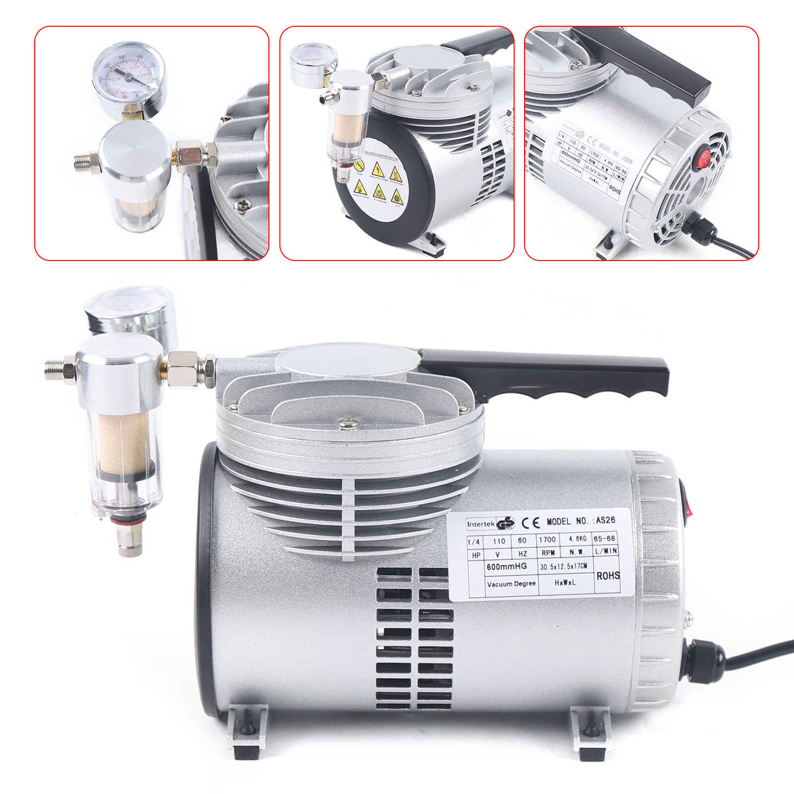 600mmHG 1/6HP Industry Oilless Lubrication Vacuum Pump Single Stage Suction Pump