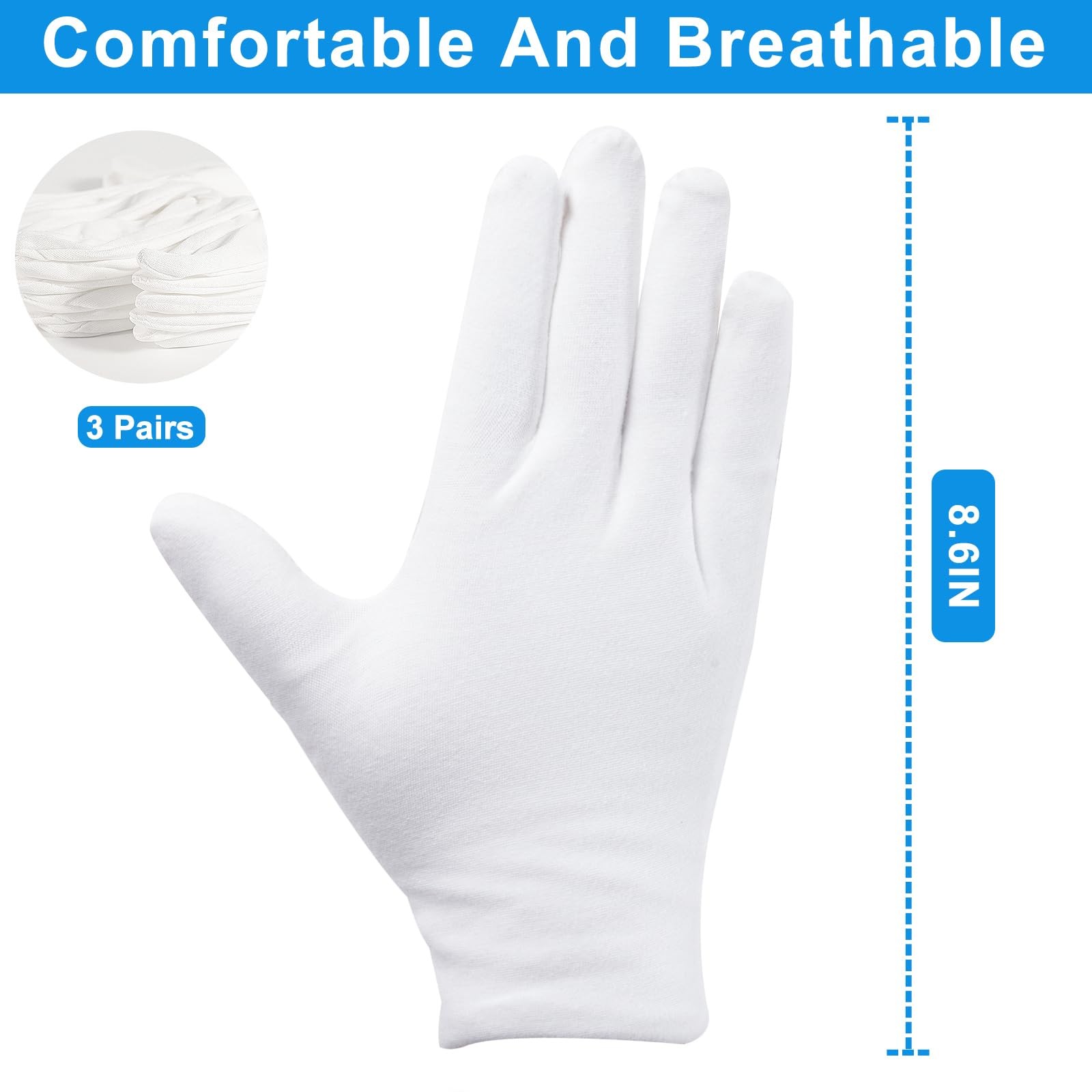 Cotton Gloves Soft White Hand Gloves Moisturizing Liner Jewelry Work 3Pairs