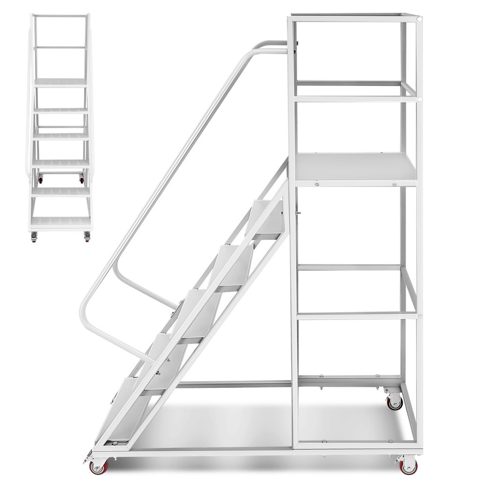 6 Step Rolling Warehouse Step Ladder, Movable Platform Ladder with Locking Wheel