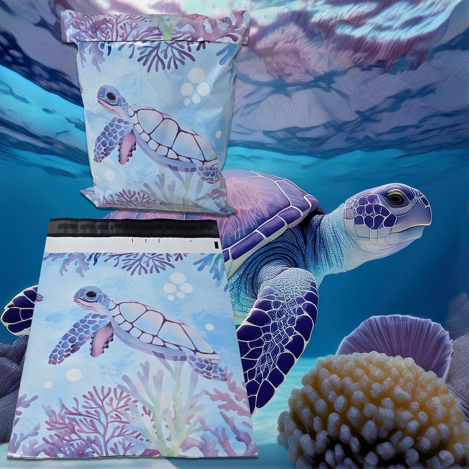 Adorable Sea Turtle 10×13 Poly Mailers Playing in Ocean Designer Cute, Durable,