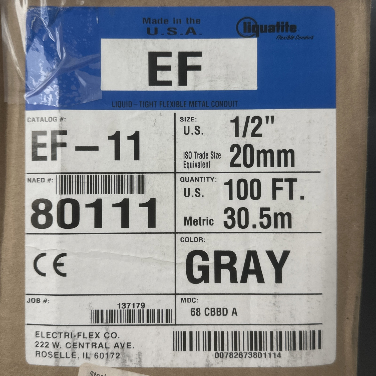 NEW IN BOX- Electri-Flex Liquatite EF-11 1/2” (20mm) X 100ft (30.5m) 80111 Gray