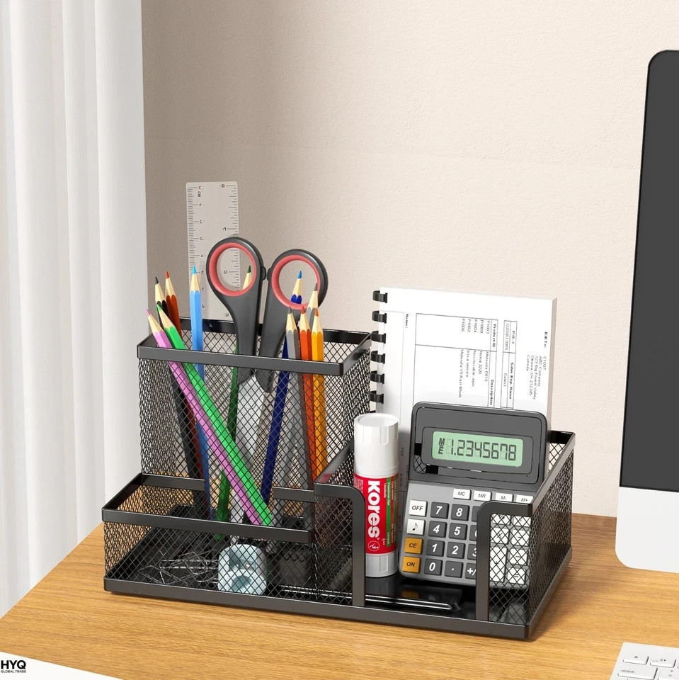 Mesh Desk Organizer Pencil Holder 3 Compartments Office Storage Caddy