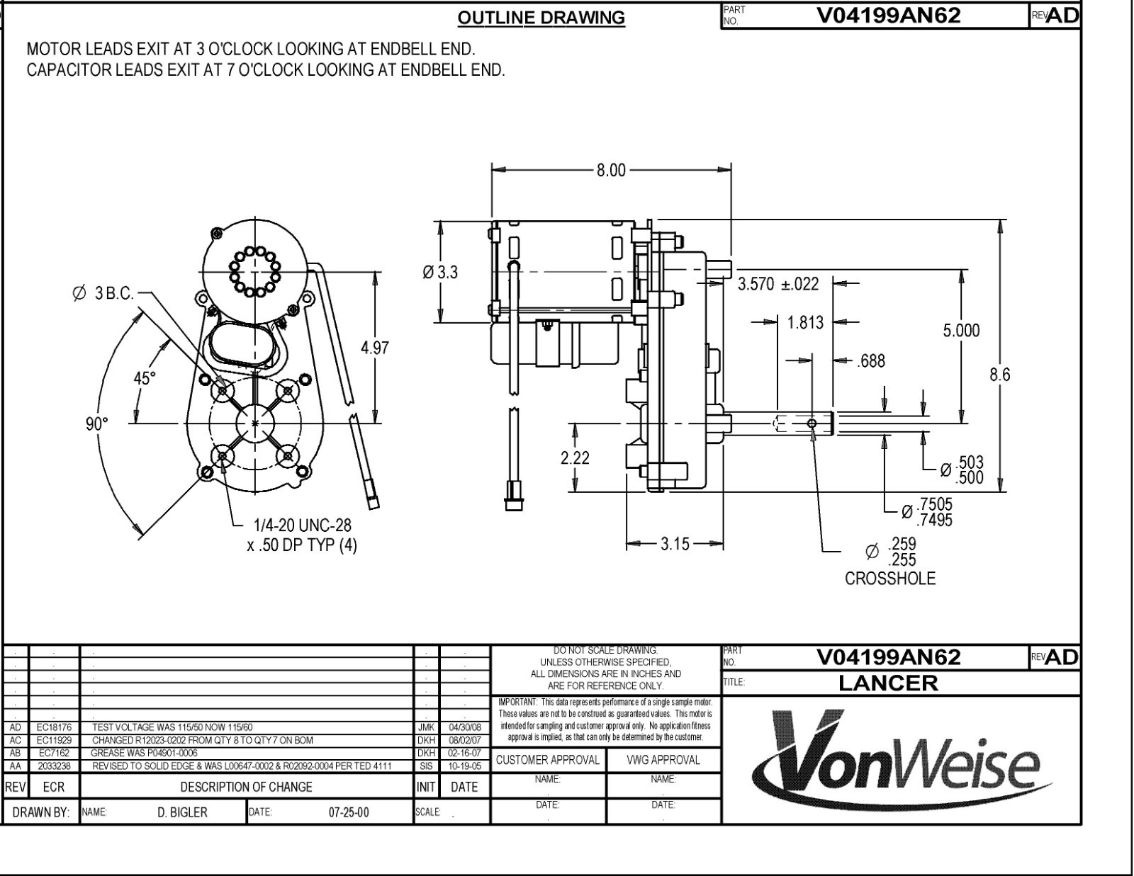 Lancer Ice Shaver gear motor V04199AN62, 115V, 60Hz, 6.5 RPM, 1200 in-lb «NOS»