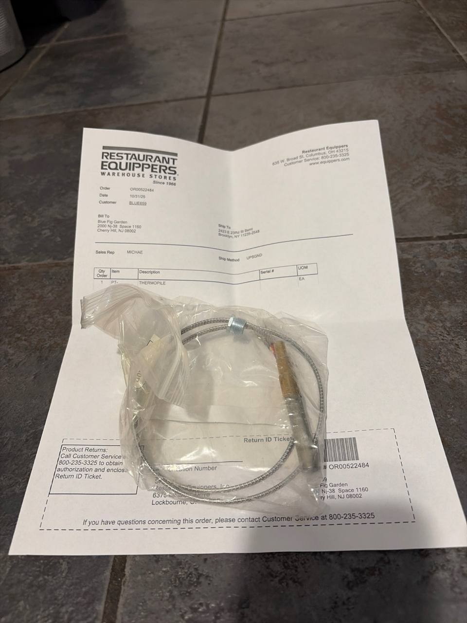 PT-20101F006 Thermocouple Patriot Cooking (LX1S) BRAND NEW OEM