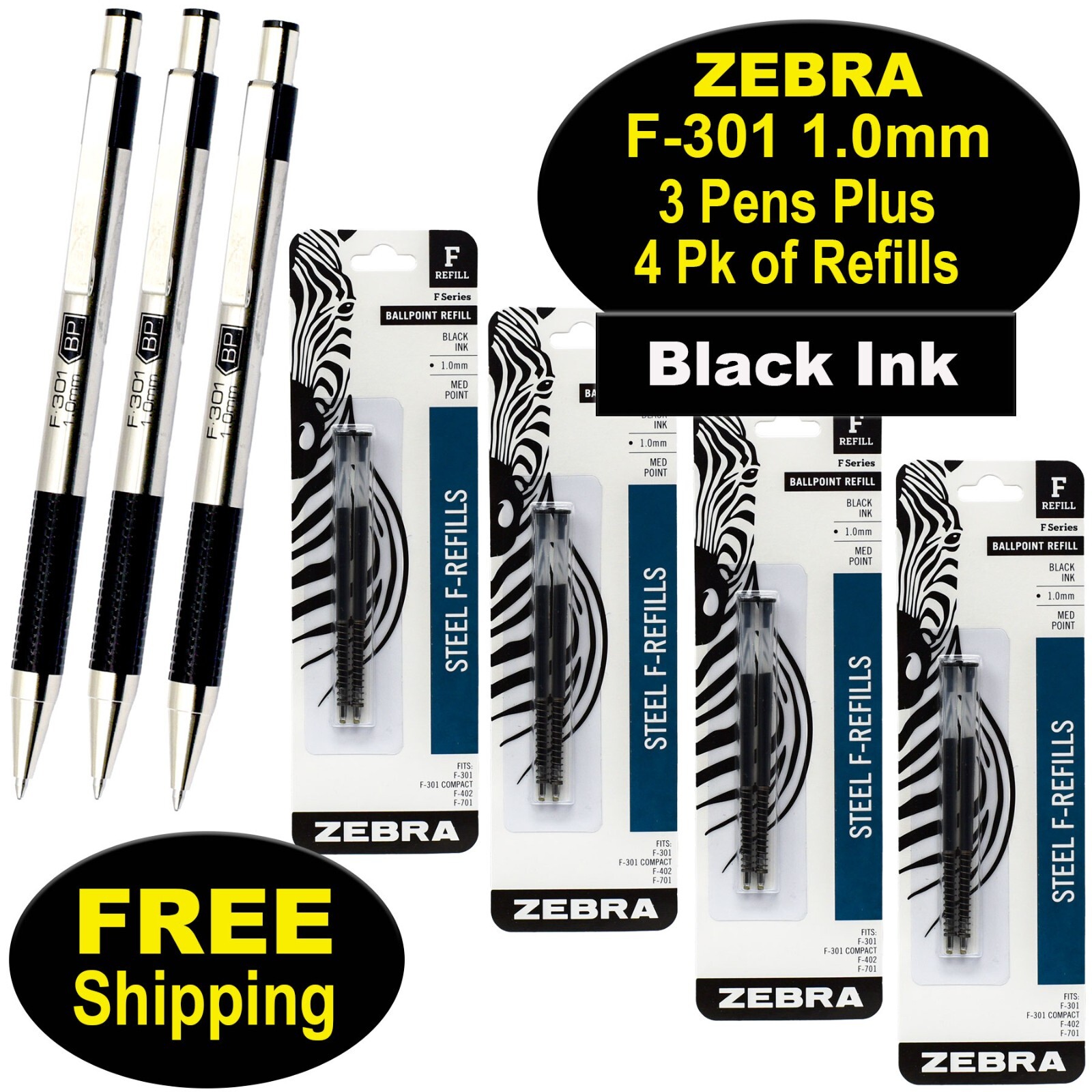 Zebra F-301 Pens With Refills, Black Ink, 1.0 mm Medium Point, 7 Piece Set